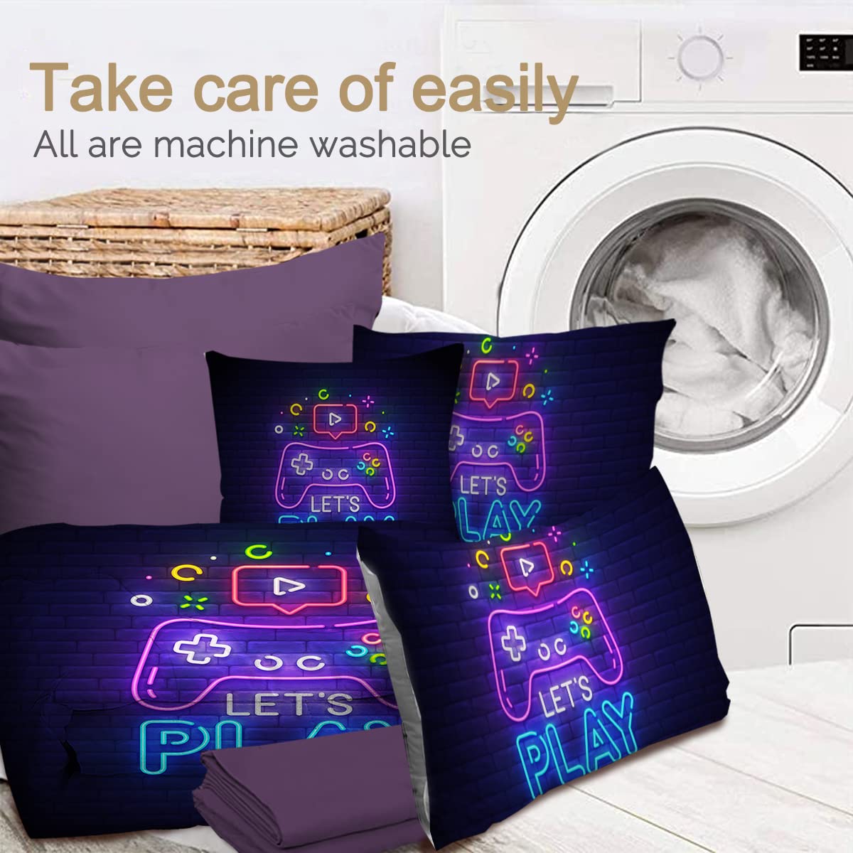 BlessLiving 8-Piece King Size Gaming Bedding Set - Trippy Neon Purple & Blue Gamer Comforter with Gamepad & Controller Design | Perfect for Boys' Bedrooms, Gaming Lounges & Esports Themed Decor