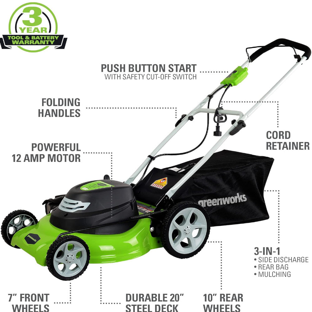 Greenworks 25022 12 Amp Corded 20 Inch Lawn Mower - Powerful Electric Lawn Mower for Small to Medium Yards | Perfect for Home Lawn Care & Landscaping