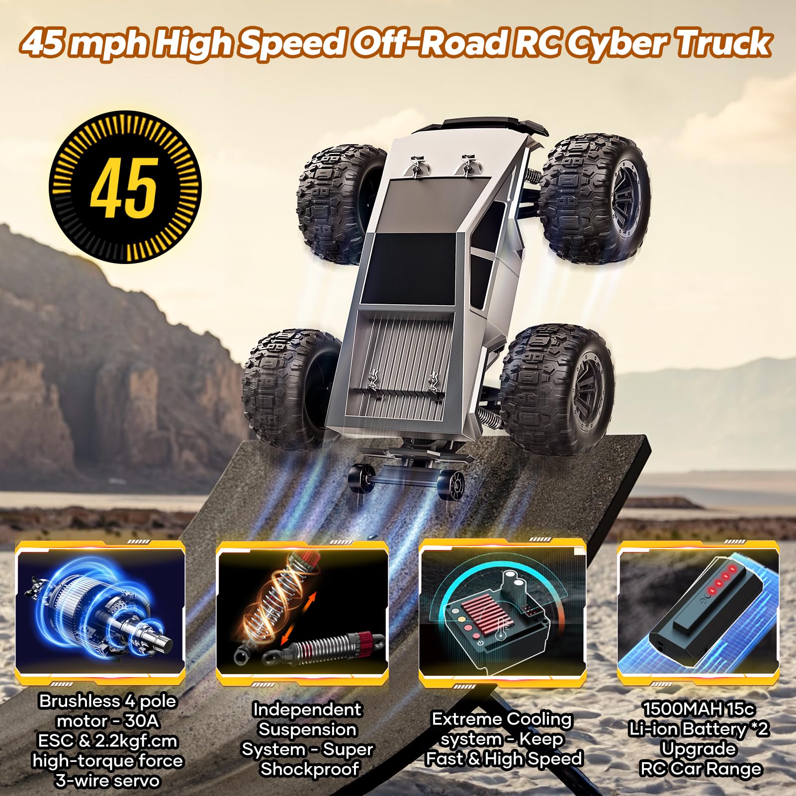 1:16 Scale Brushless RC Cybertruck for Adults & Kids - 45MPH High Speed 4WD Remote Control Car, 2.4GHz Off-Road Electric Toy Truck - Perfect for Racing, Backyard Driving & Outdoor Adventure Gifts for Ages 8+