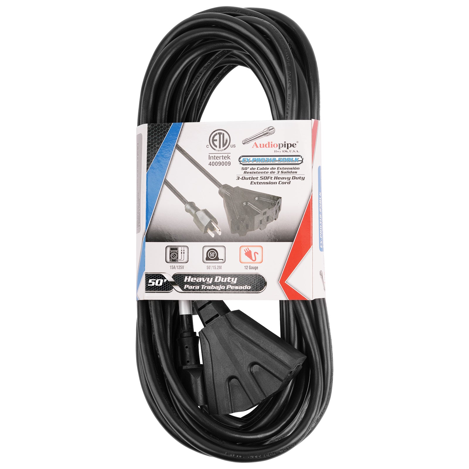 50Ft Heavy Duty Extension Cord with 3 Outlets - EX PRO312 50BLK - Ideal for Home, Office, Workshop & Outdoor Power Needs