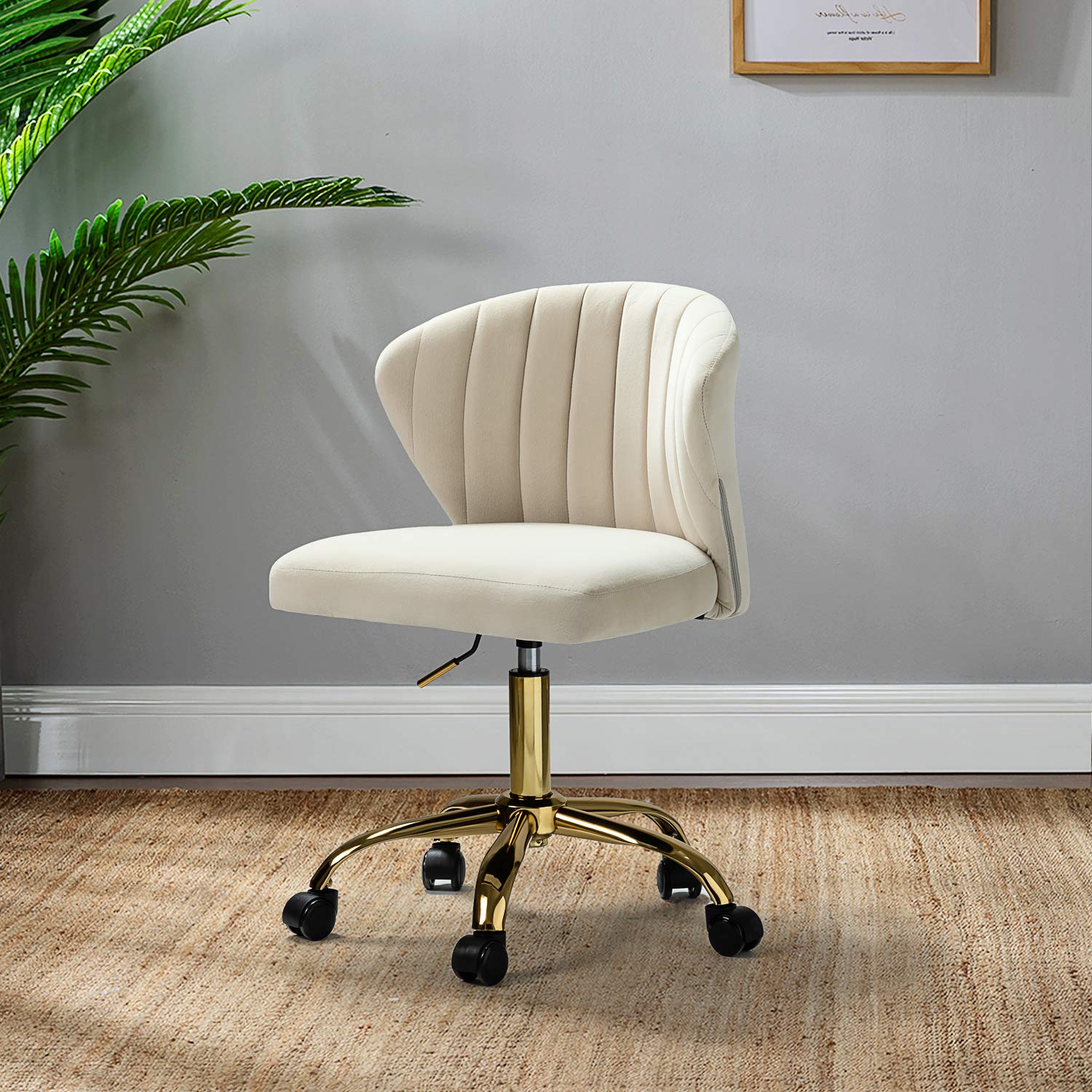 TINA'S HOME Modern Velvet Office Chair with Wheels & Gold Base - Adjustable Low Back Swivel Rolling Task Chair for Home Office, Living Room, Vanity or Study - Armless Upholstered Desk Chair in Tan | Perfect for Small Spaces, Work from Home & Makeup Stations