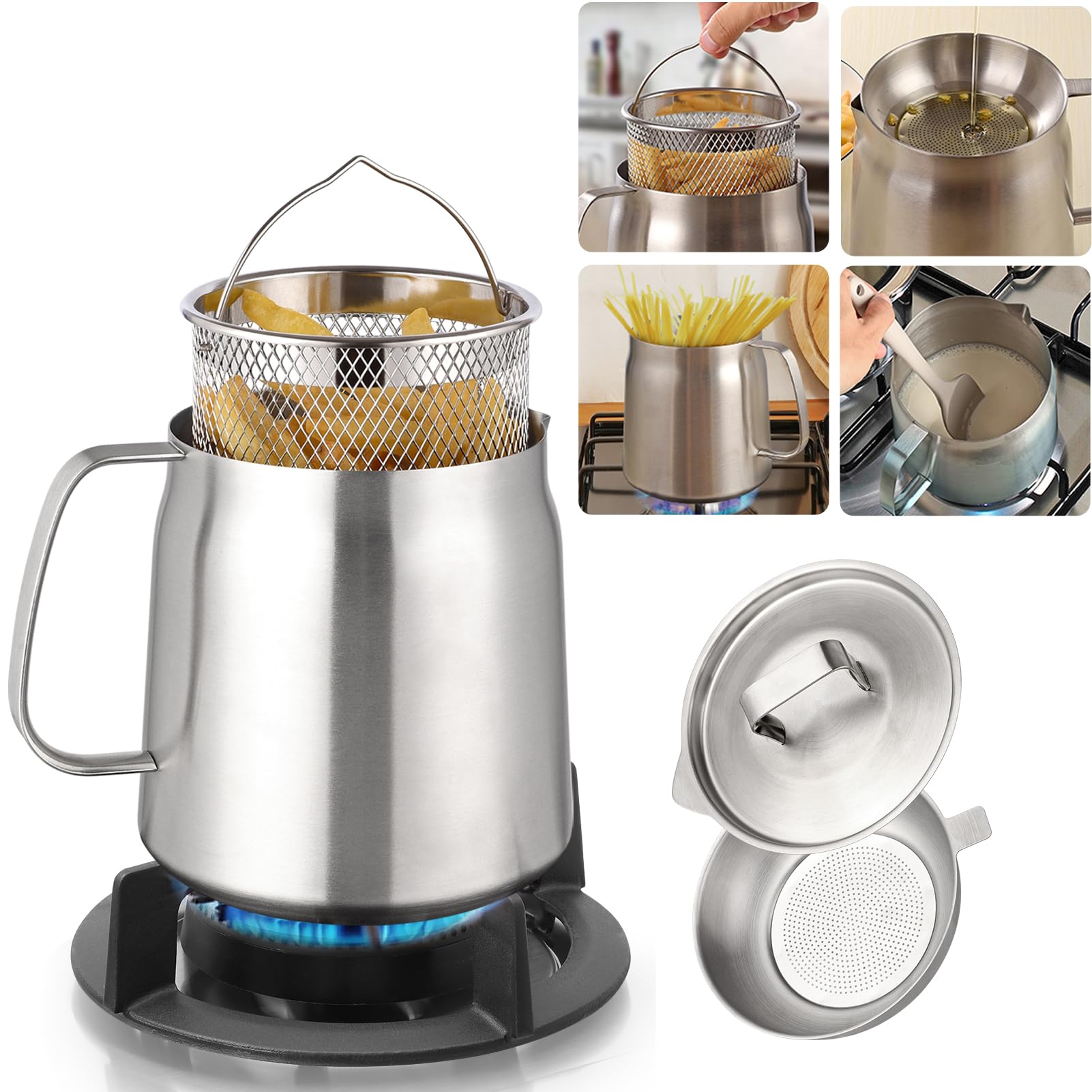 2L Stainless Steel Oil Filter Pot with Strainer - Large Capacity Bacon Grease Saver, Fine Mesh Removable Cooking Oil Filter & Frying Basket - Perfect for Kitchen, Storing Grease, Deep Frying, and Food Preparation