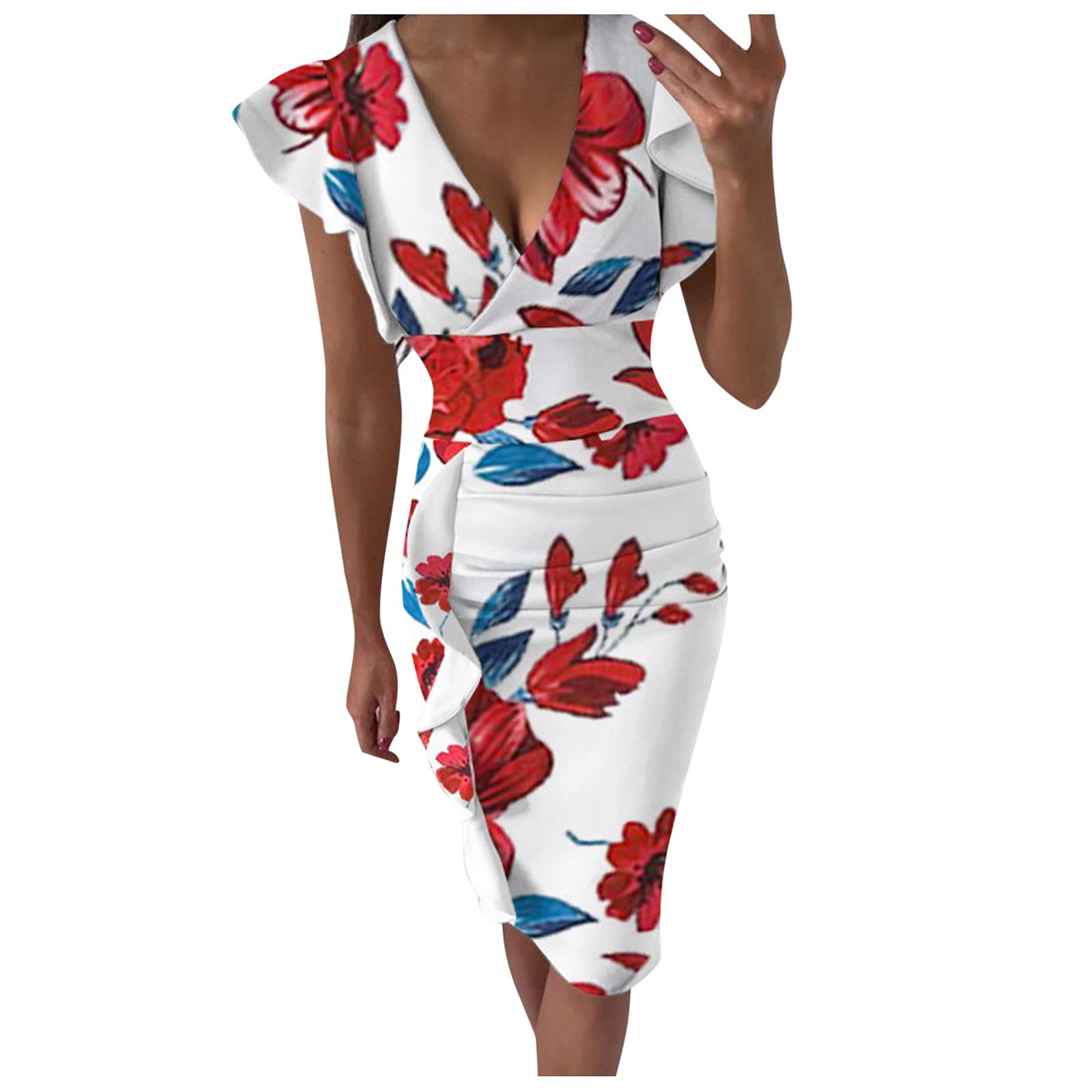 Stylish Multicolor Print Pleated V-Neck Maxi Dress with Side Slit & Ruching - Women's Flowy Midi Dress for Summer Parties, Beach Vacations & Date Nights