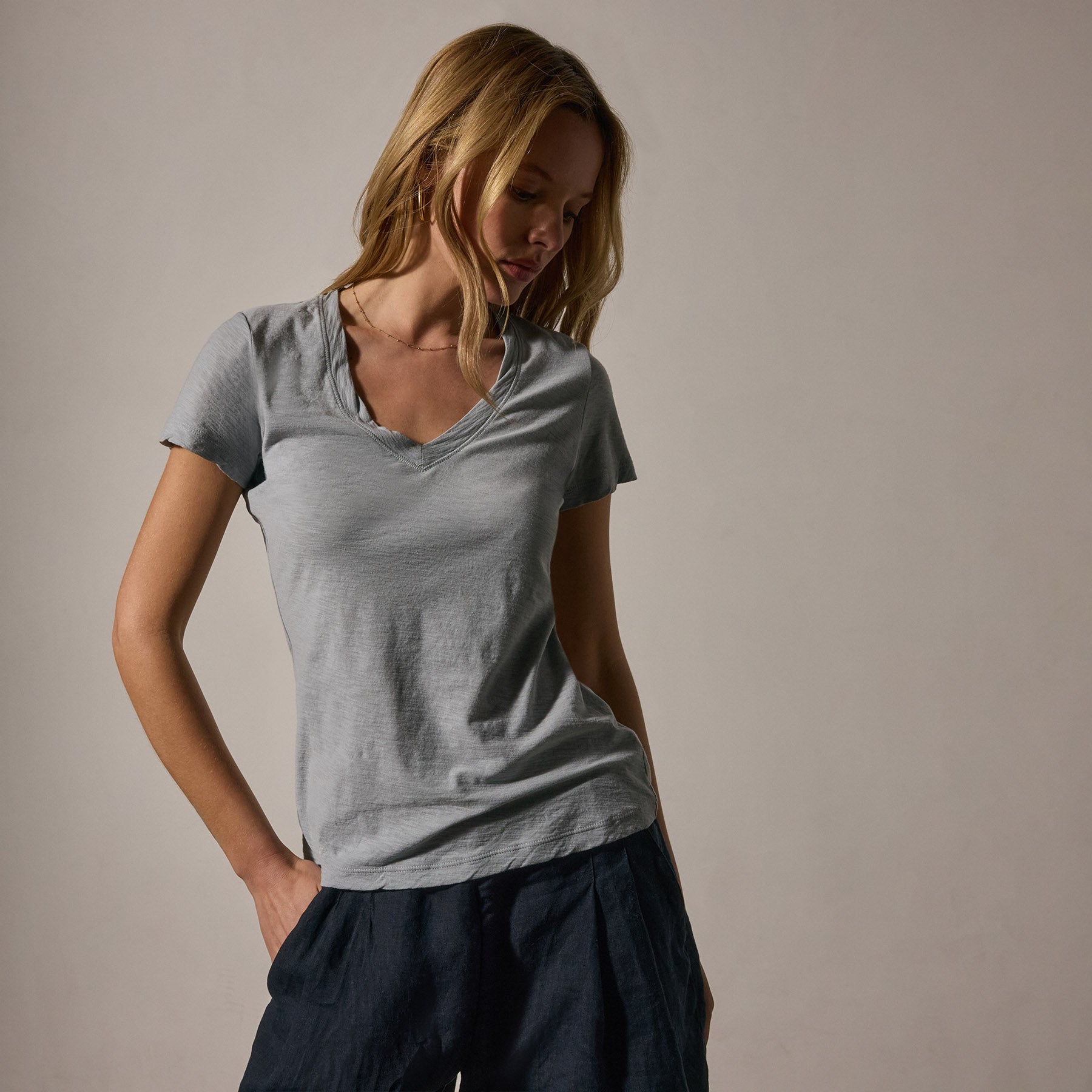 Sheer Slub Casual V-Neck T-Shirt for Women - Soft Grey Sky Color - Perfect for Everyday Wear, Layering & Casual Outfits