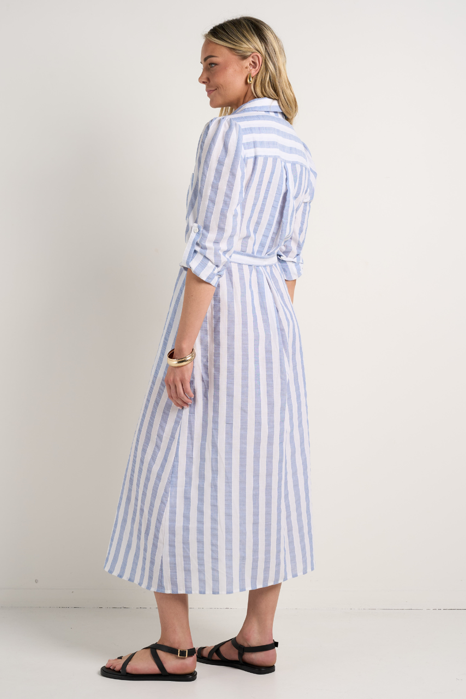 Stylish Cyprus Blue Striped Long Sleeve Midi Dress - Perfect for Casual Outings, Office Wear & Special Occasions