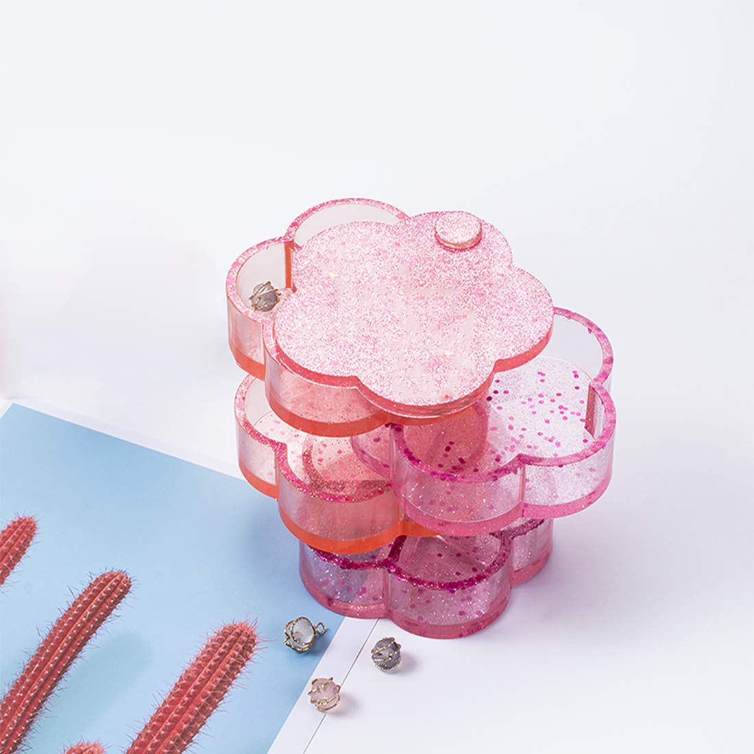 FineInno Rotating Resin Box Molds - Flower Shaped Silicone Jewelry Box Molds for DIY Crafting, Multi-Tiered Storage Organizer & Tower Molds for Jewelry Trays - Perfect for Resin Art, Jewelry Making & Home Organization