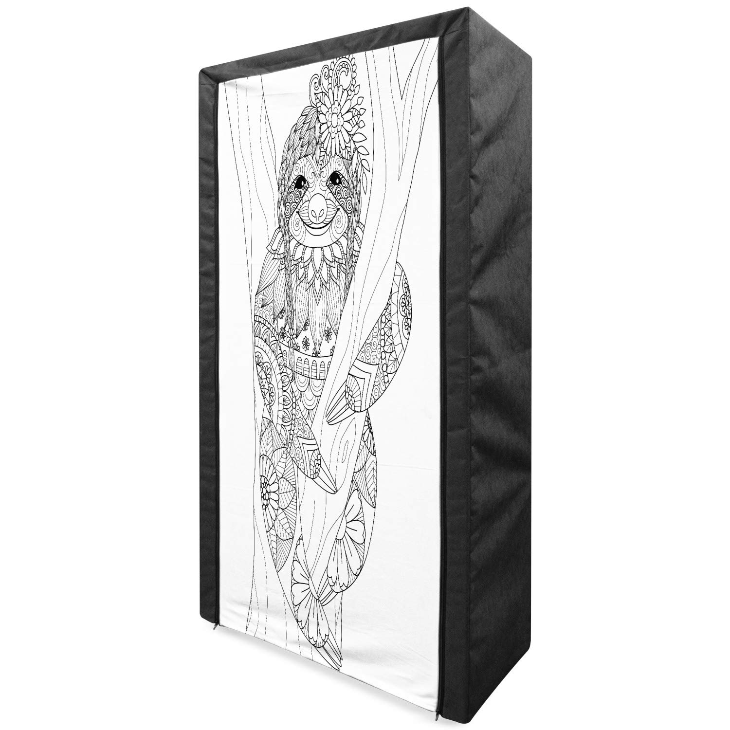 Ambesonne Sloth Portable Fabric Wardrobe - Smiling Animal on Tree with Floral Details, Monochrome Wildlife Clothing Organizer with Shelves, 33.5 Inch Black & White - Perfect for Bedroom, Closet, Dorm, and Travel Storage