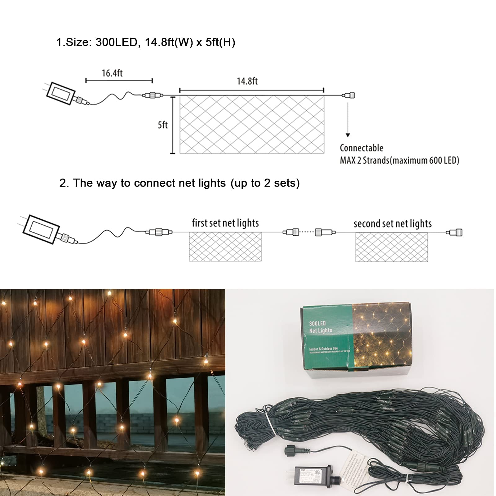 300LED Connectable Christmas Net Lights - 14.8ft x 5ft Outdoor Waterproof Mesh String Lights with 8 Lighting Modes for Holiday Decorations - Perfect for Xmas Trees, Bushes, Garden, Wedding & Party Decor (Warm White)