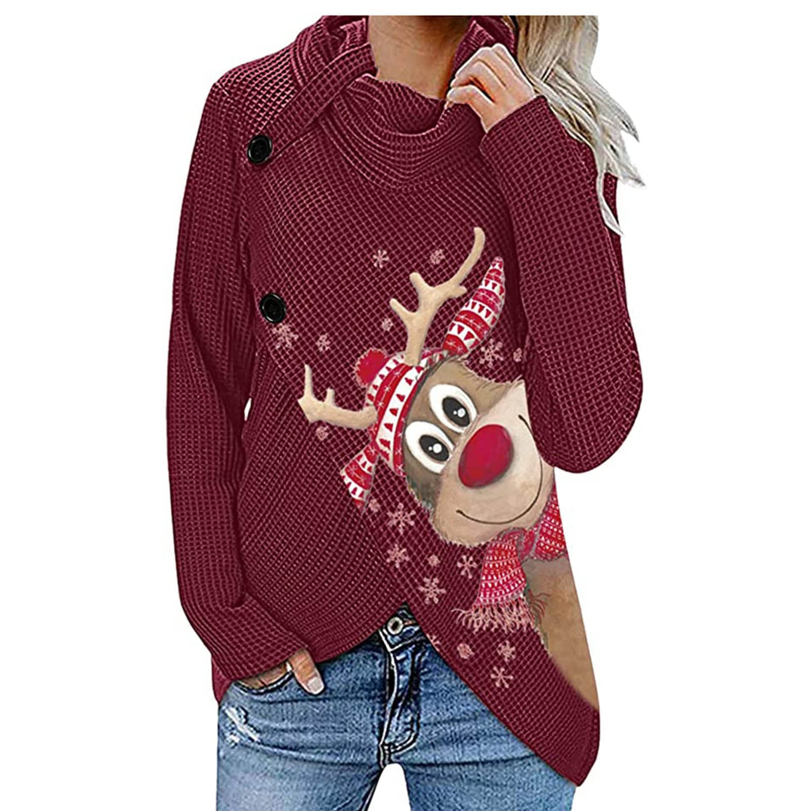 Trendy Women's Long Sleeve Christmas Reindeer Print Sweatshirt - Fall Waffle Knit Turtleneck Button-Up Sweater for Holiday Parties & Cozy Winter Outfits