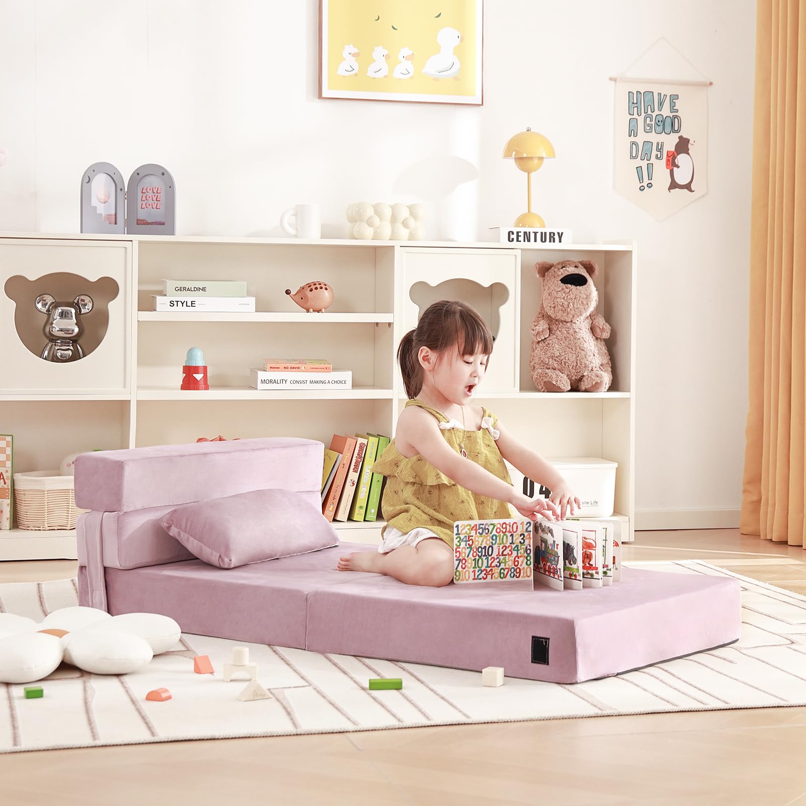 Foldable Kids Floor Mattress with Pillow - Washable Toddler Nap Mat, Convertible Sofa Bed Chair for Boys & Girls - Portable & Space-Saving with Storage Bag - Perfect for Daycare, Sleepovers, Travel and Home Use