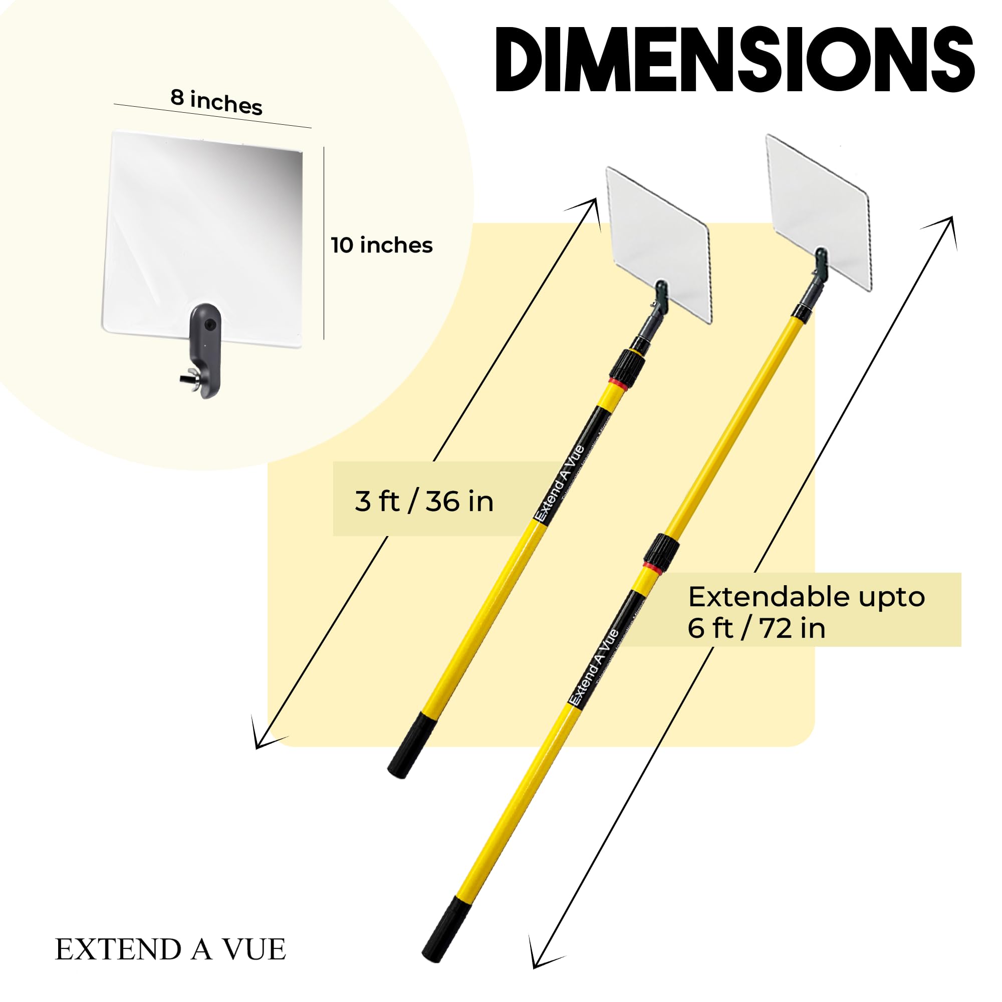 Telescoping Inspection Mirror - 3 ft to 6 ft Extendable Fiberglass Pole, 8x10 Inch Acrylic Mirror, Lightweight & Durable for Auto Repair, HVAC, Plumbing & Home Maintenance