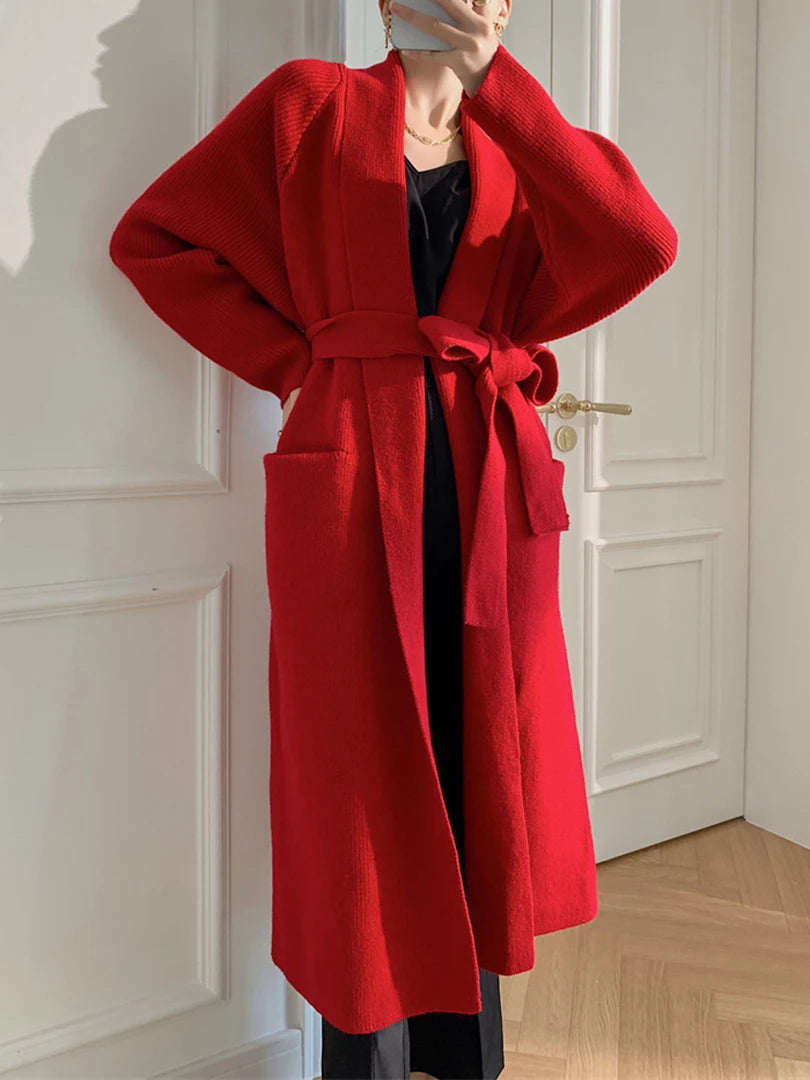 Women's Plus Size Long Knit Cardigan Sweater - Black Belted V-Neck Long Sleeve Open Front Wrap Coat | 2025 Spring Autumn Fashion | Casual Office Wear, Layering Piece, Travel Outfit