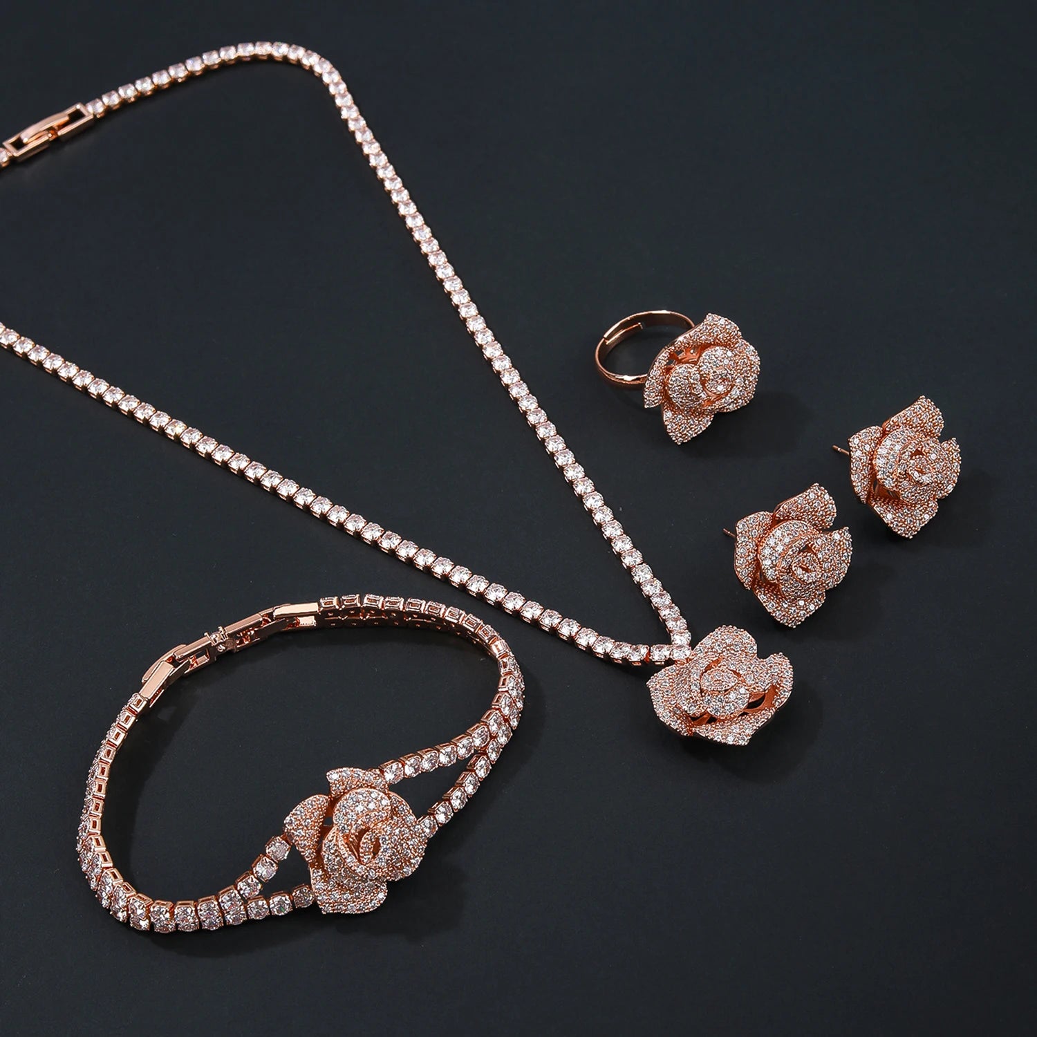 4-Piece Cubic Zirconia Rose Flower Jewelry Set - Pendant Necklace, Earrings, Bracelet & Ring - Bridal Wedding Jewelry for Women - Perfect for Weddings, Anniversaries and Special Occasions