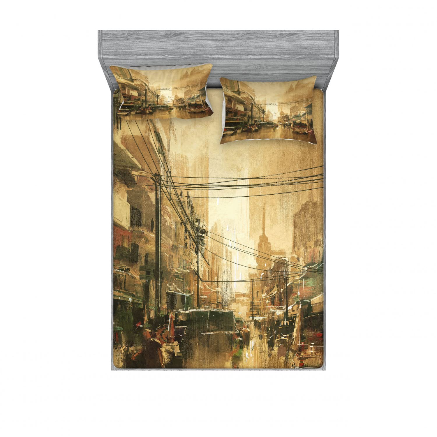 Ambesonne Retro 2-Piece King Size Fitted Sheet Set with 4 Pillow Shams - Vintage City Street View Design in Sand Brown | Complete Bedding Decor for Master Bedroom, Guest Room & Airbnb