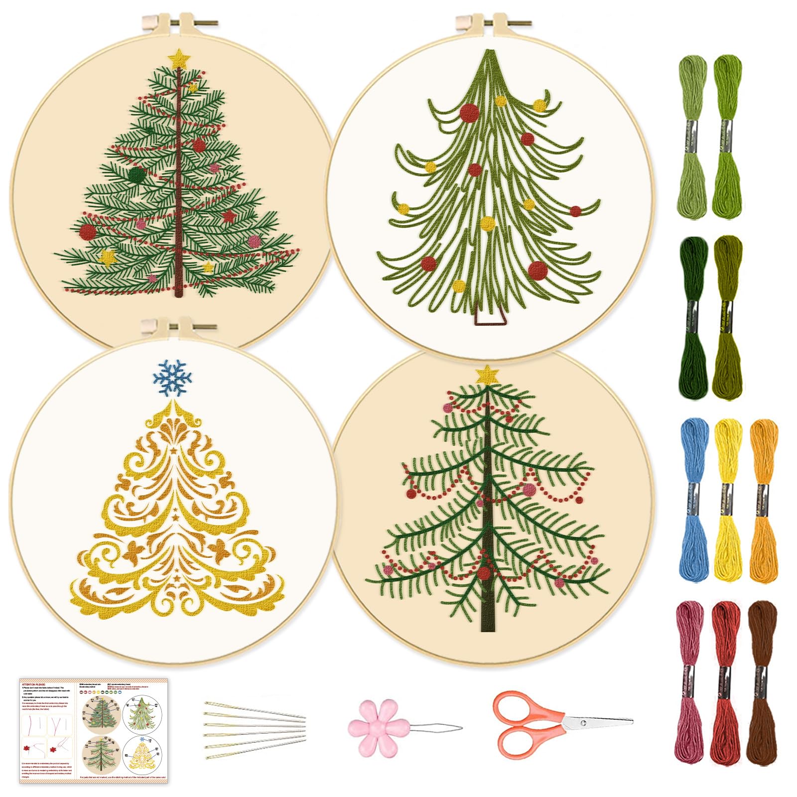 BEUNITONE 4PCS Christmas Tree Embroidery Kit - DIY Stamped Cross Stitch Kit for Adults & Beginners with Snowflake & Pine Tree Patterns, Instructions - Perfect for Holiday Decorations, Gift Making & Relaxation