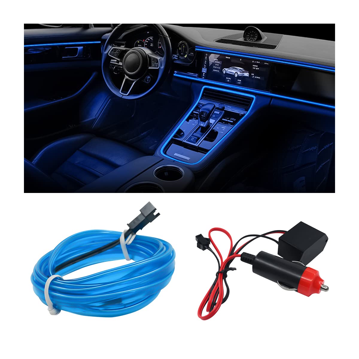 EL Wire Car Interior LED Strip Lights - 16FT Blue Neon Light with Sewing Edge for Auto Cigarette Lighter, Electroluminescent Ambient Lighting Kit with Fuse Protection - Perfect for Car Decoration, Night Driving & Interior Customization