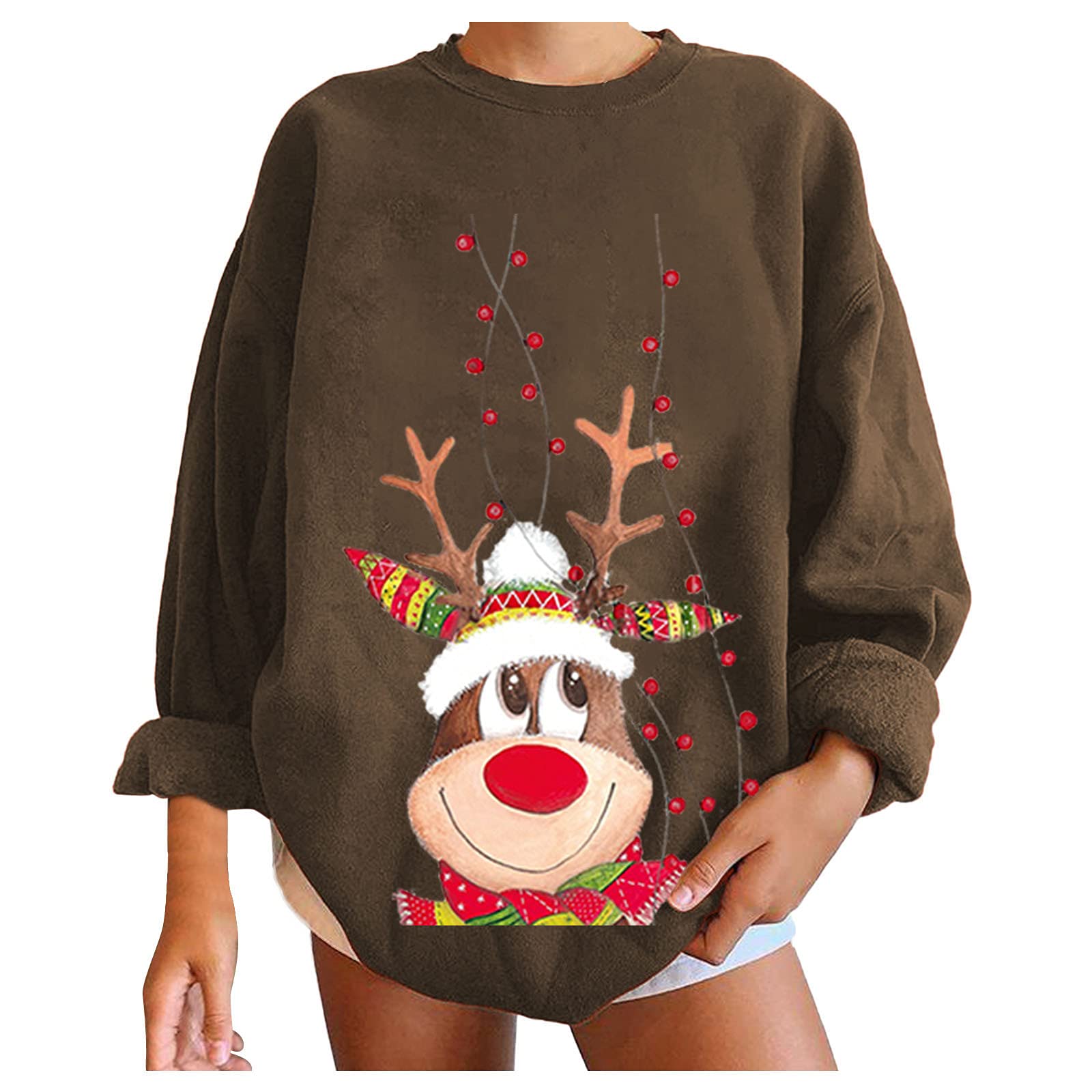 Women's Oversized Christmas Printed Sweatshirt - Long Sleeve Xmas Graphic Pullover, Casual Crew Neck Top for Holiday Parties & Cozy Winter Wear