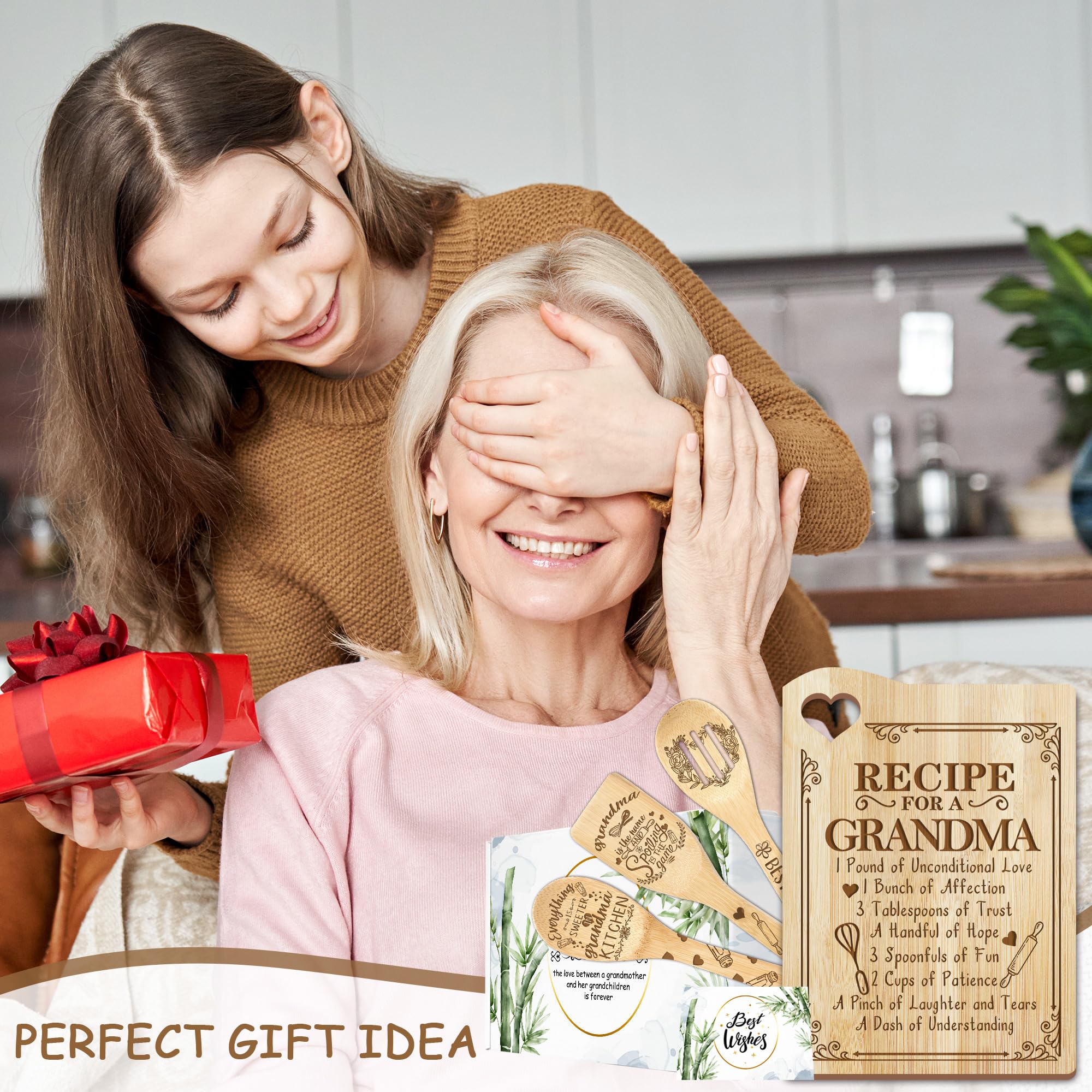 Personalized Wooden Cutting Board for Grandma - Mother's Day Gift from Grandkids | Engraved Kitchen Utensil Set with Heartwarming Message | Perfect for Cooking, Baking & Family Gatherings