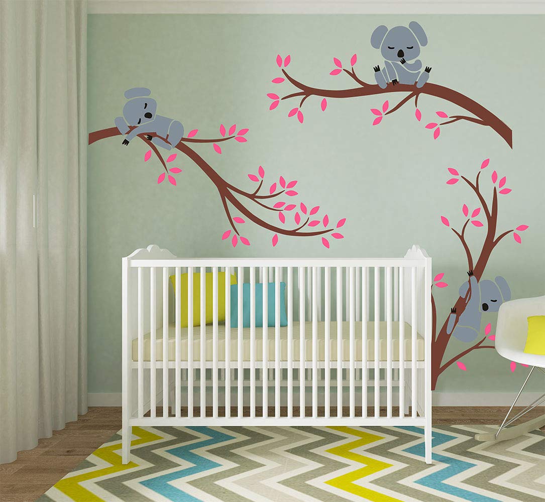 Three Koalas Tree Branches Wall Decal Sticker - Nursery & Kids Room Decor in Brown & Pink | Easy Peel & Stick Wall Art for Baby Girl & Boy Bedroom