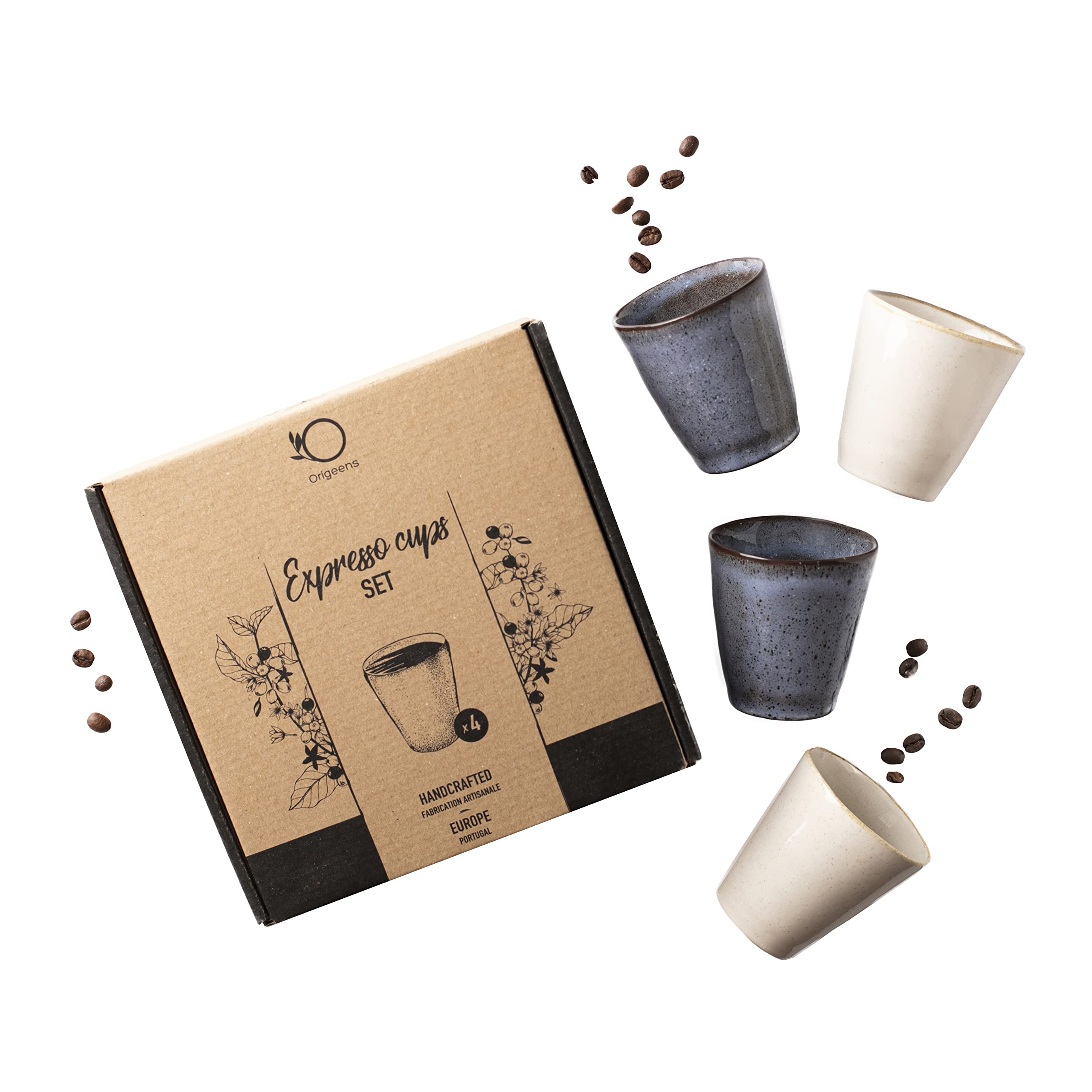 Origeens Handmade Ceramic Espresso Cup Set - 4 Pack (120ml Each) | Artisan Coffee Cups Made in Portugal | Perfect for Espresso, Cappuccino & Latte | Great Gift for Coffee Lovers & Home Baristas