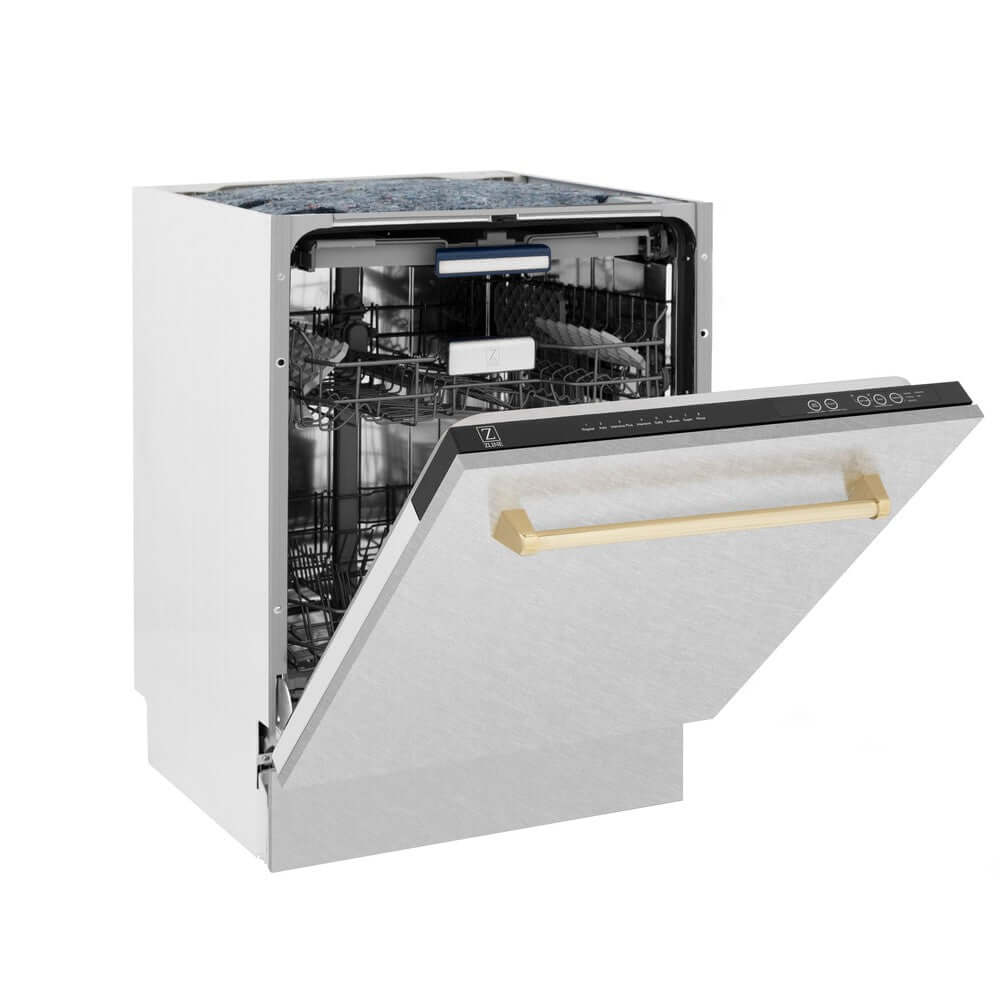 ZLINE Autograph Edition 24 Inch Built-In Dishwasher - Tallac Series with 3rd Rack, Top Control Panel, Satin Stainless Steel & Polished Gold Handle, Ultra Quiet 51dBa (DWVZ SN 24 G) - Perfect for Modern Kitchens, Luxury Homes & Open-Concept Living Spaces