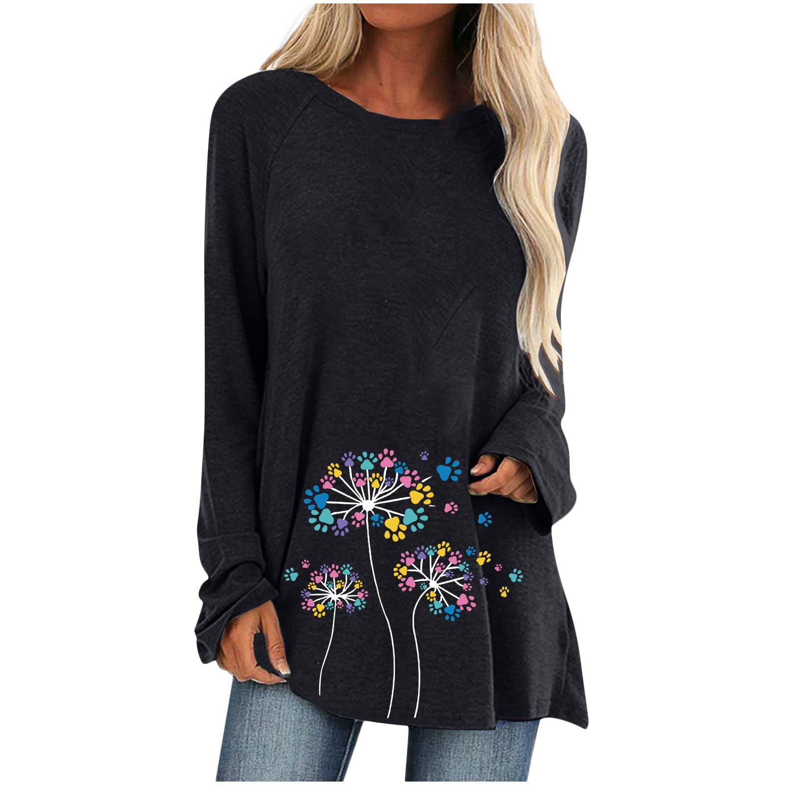 Women's Long Sleeve Crewneck Shirt - Fall Dandelion Print Casual Pullover Loose Fit Tunic Top for Leggings | Perfect for Autumn Outfits, Layering & Casual Wear