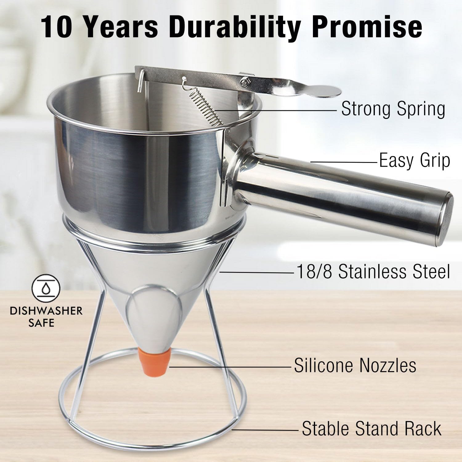 40oz Stainless Steel Pancake Batter Dispenser - Large 1200ml Funnel Cake Pourer with Stand | Commercial & Home Kitchen Use for Pancakes, Crepes, Waffles & Baking