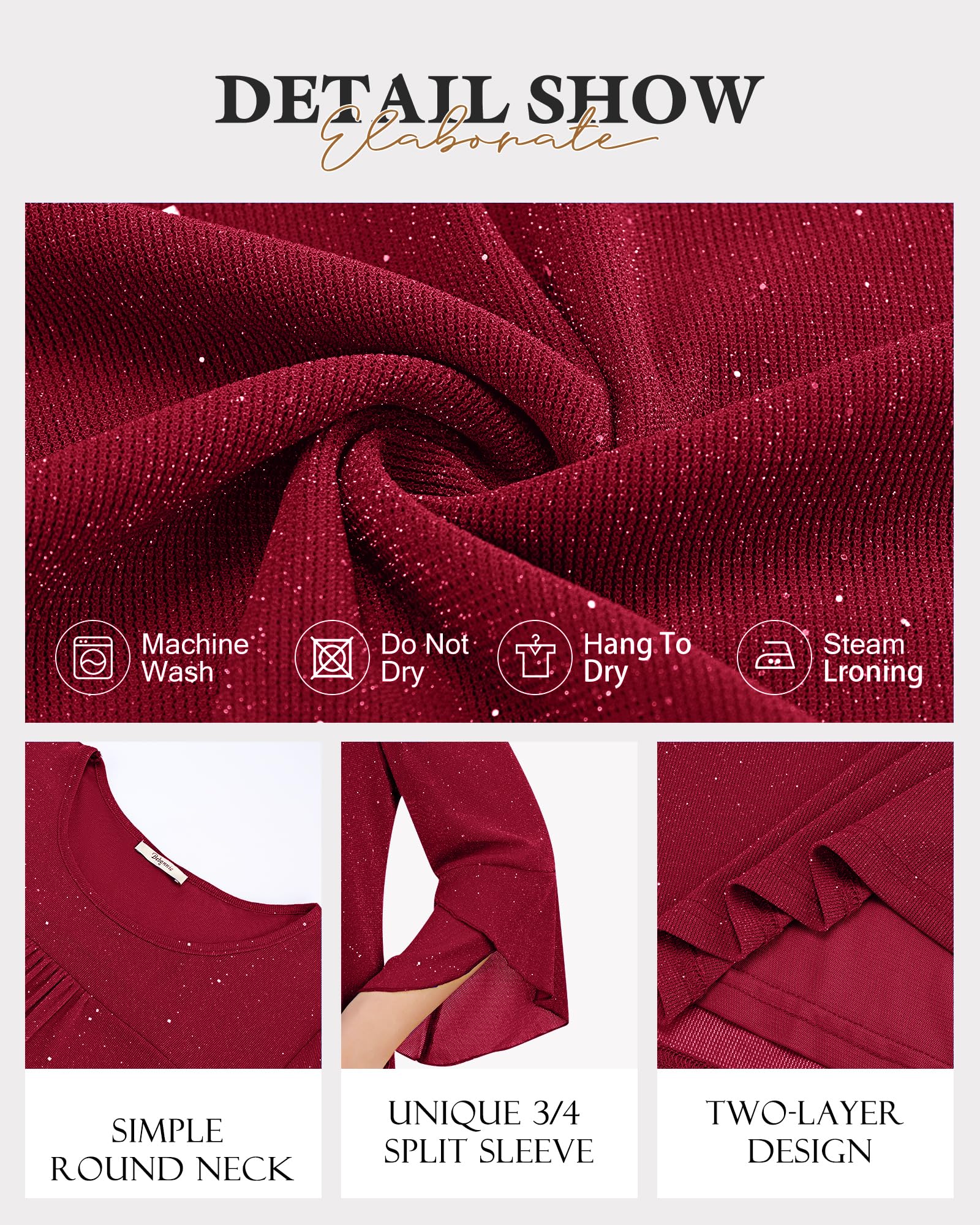 Bebonnie Women's Elegant Ruffle 3/4 Sleeve Crew Neck Blouse - Double Layer Mesh Tunic Top for Office, Party & Special Occasions