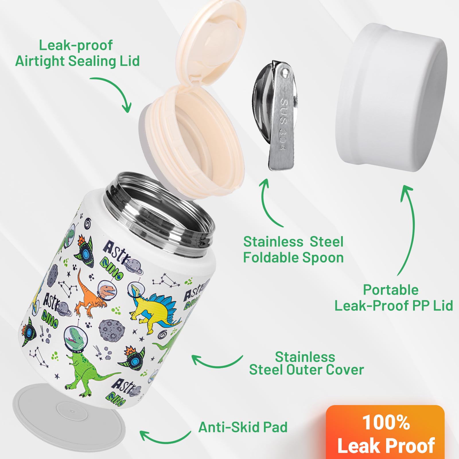 Charcy 17oz Kids Insulated Thermos for Hot & Cold Food - Leak Proof Stainless Steel Soup Thermo with Folding Spoon, Perfect for School Lunch, Picnics & Travel - White Dinosaur Design