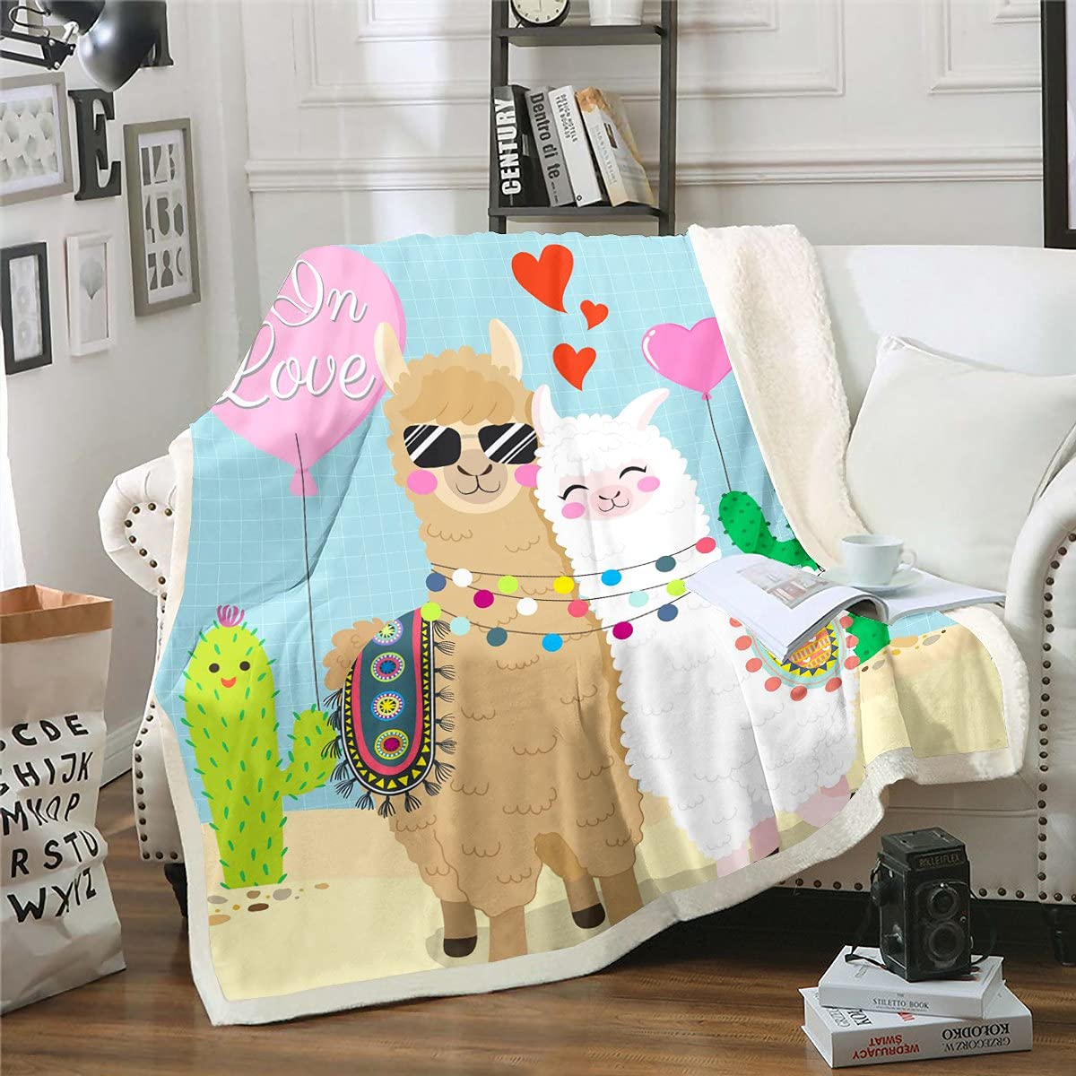 Soft Cartoon Alpaca Fleece Blanket 50x60 Inches - Cute Llama & Cactus Print Plush Throw for Kids, Teens & Girls - Cozy Bed, Sofa Decor for Bedroom, Living Room, Dorm - Perfect Gift for Winter & Home Decor