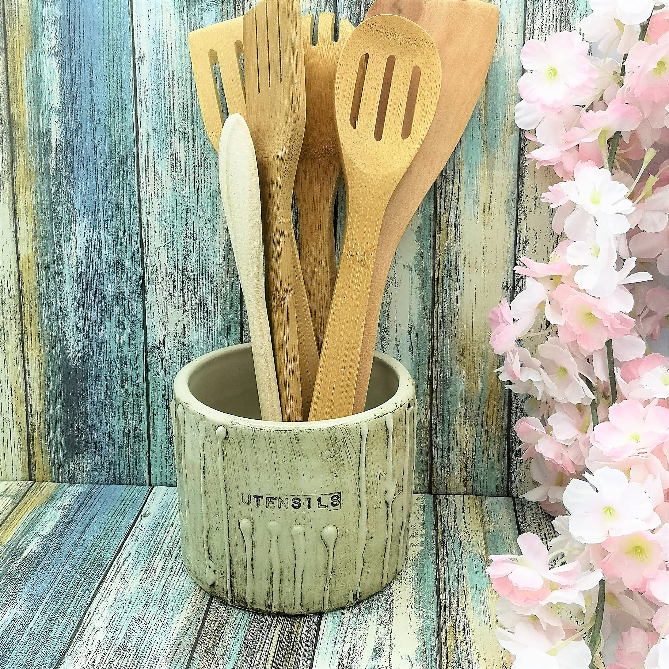 Large Ceramic Utensil Holder for Kitchen - Textured Ceramic Vase Crock Organizer for Wooden Spoons & Cooking Tools - Perfect for Countertop Storage & Kitchen Decor