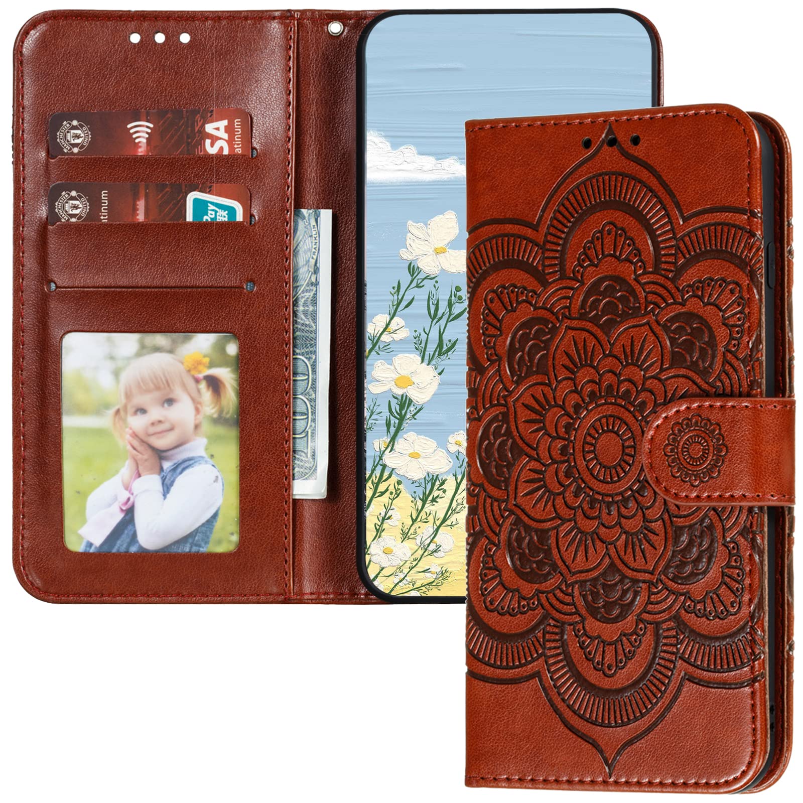 Premium PU Leather Flip Wallet Case for iPhone 13 Pro Max - Shockproof Mandala Embossed Cover with Card Holder & Kickstand | Perfect for Business, Travel & Everyday Protection
