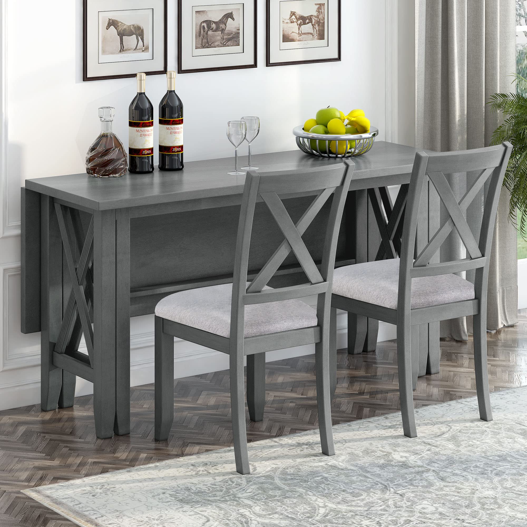 Merax 6-Piece Foldable Solid Wood Dining Set with 4 X-Back Upholstered Chairs and Bench, Grey - Perfect for Kitchen, Dining Room, and Small Spaces