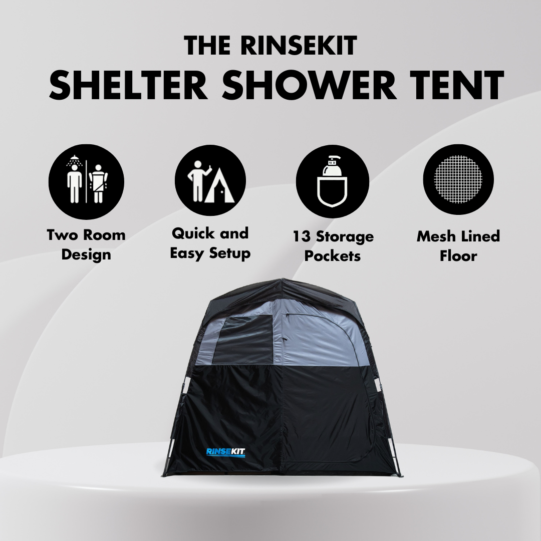 RinseKit PRO Portable Shower System with HyperHeater 2.0 & Shelter Shower Tent Bundle - Outdoor Camping, Beach, RV, and Sports Gear Cleaning Solution