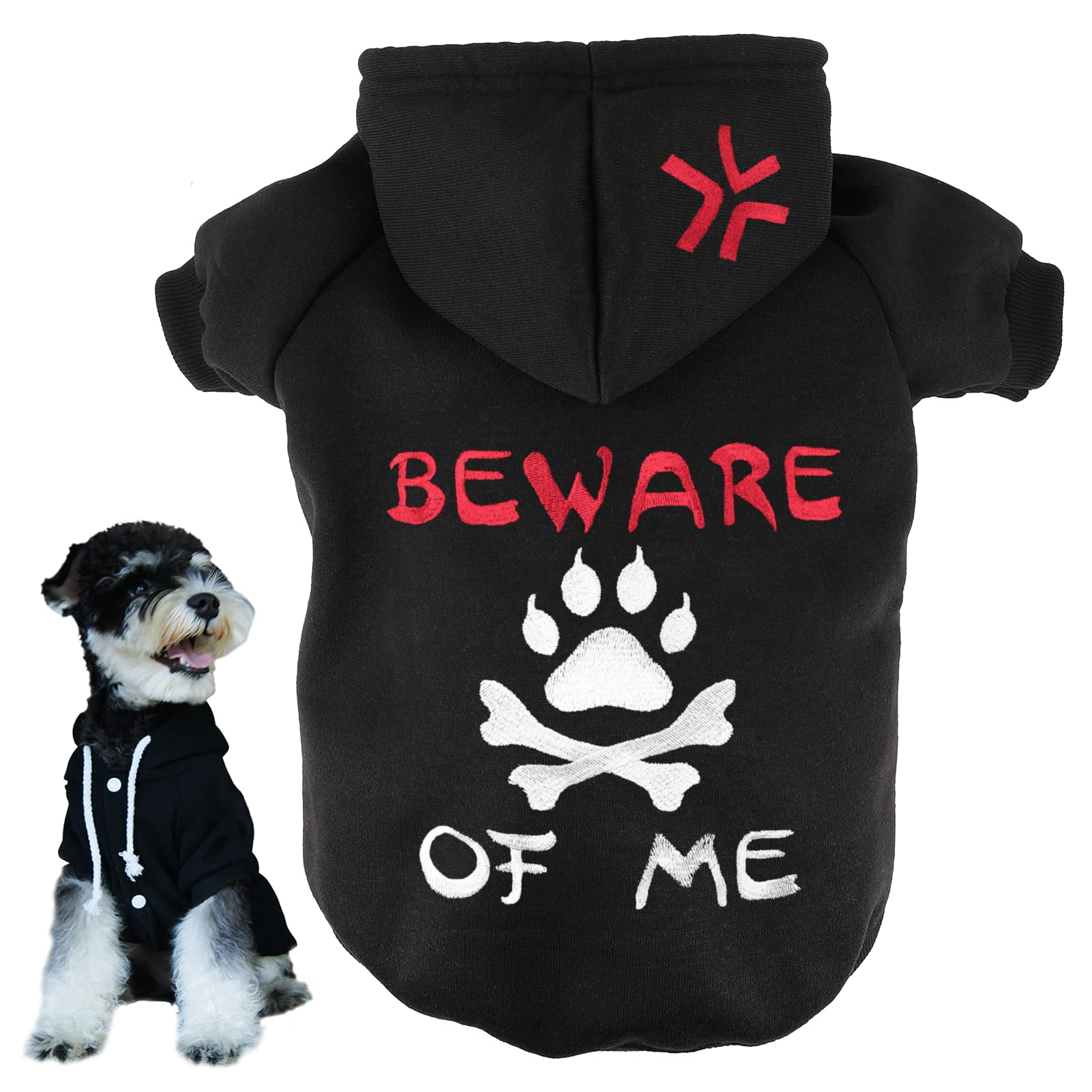 Funny Cute Dog Hoodies for Small & Medium Dogs - Beware of Me Stylish Sweatshirt with Sewing & Embroidery Patterns - Perfect for Winter Walks, Pet Photos & Costume Parties