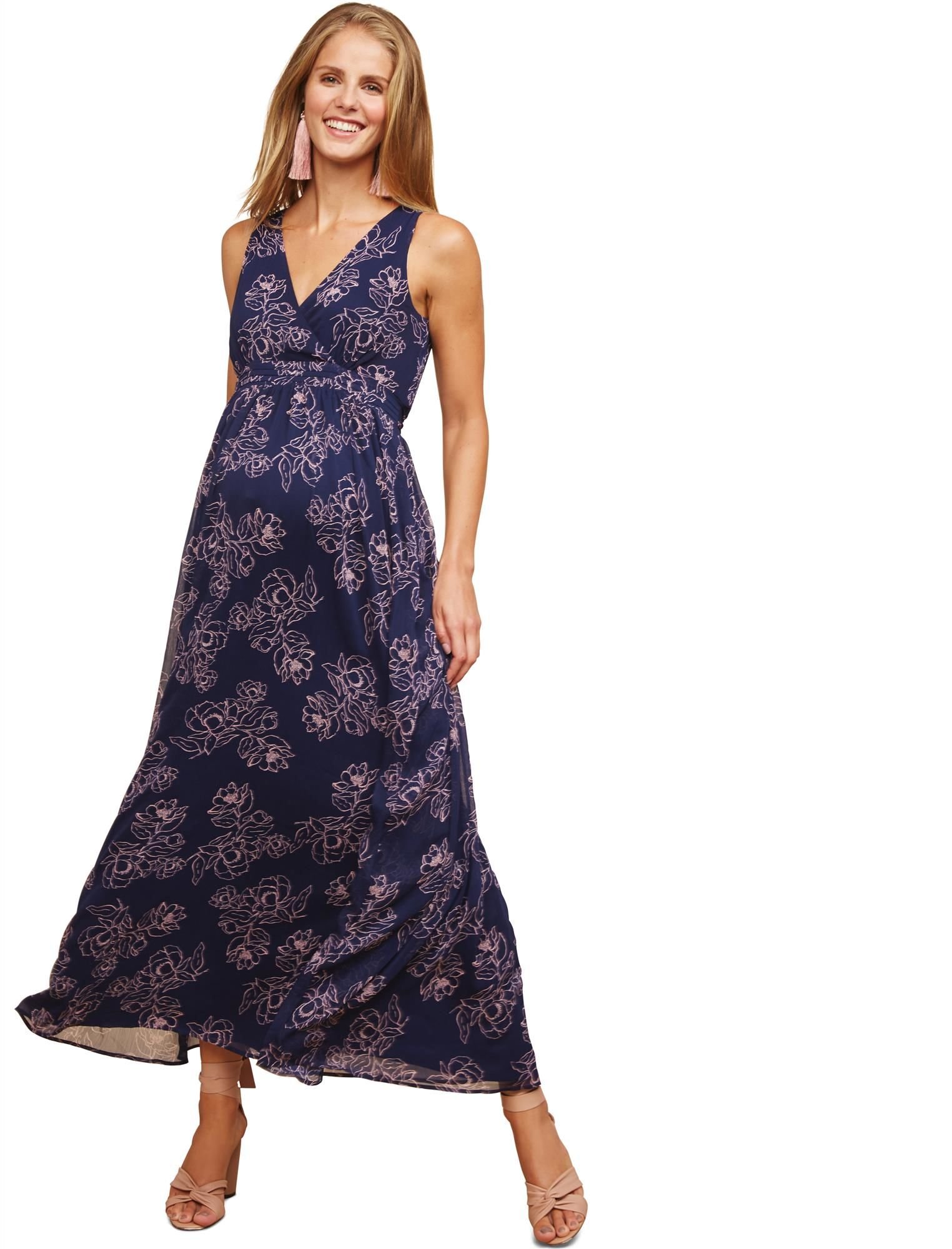 Motherhood Maternity Women's Sleeveless Surplice Pintuck Waist Maxi Dress for Pregnancy - Comfortable Maternity Dress for Baby Showers, Maternity Photos & Summer Wear