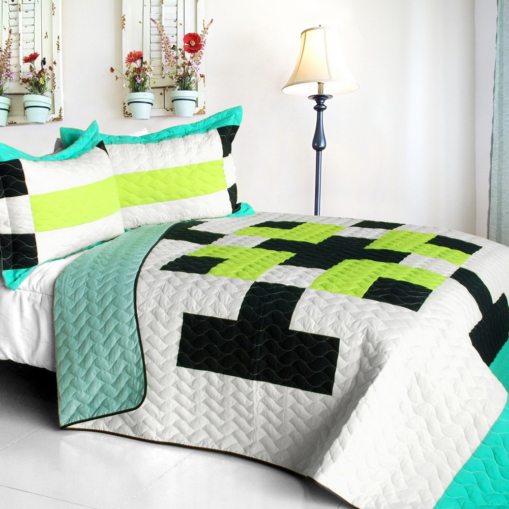 Tetris-Inspired Vermicelli Quilted Patchwork Geometric Quilt Set - Full/Queen Size Bedding for Modern Home Decor | Perfect for Guest Rooms, Dormitories & Cozy Bedrooms