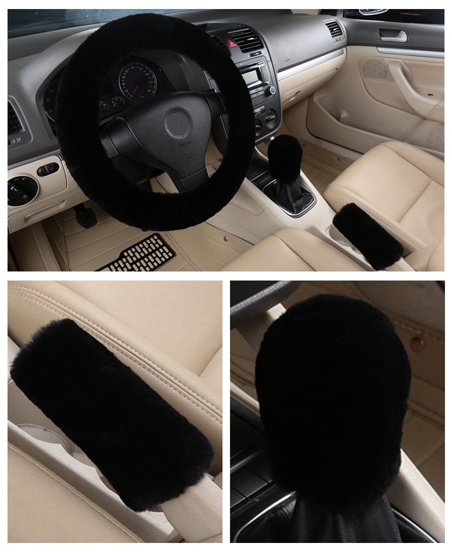 Dotesy Genuine Sheepskin Steering Wheel Cover Set - 3 Piece Auto Accessories with Gear Shift Knob Cover & Handbrake Cover | Universal Fit for 15 Inch Wheels | Premium Australian Wool | Black | Perfect for Winter Driving, Luxury Car Interior Upgrade & Comfort Enhancement