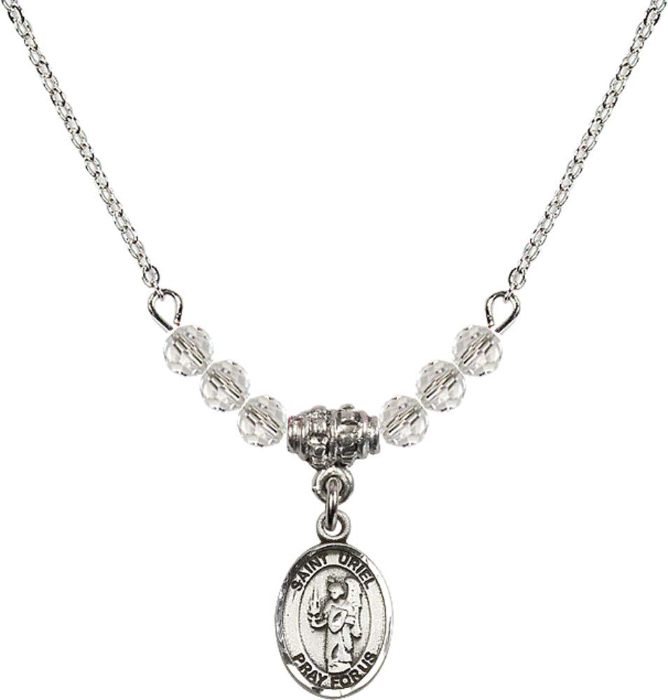 Bonyak 18 Inch Rhodium Plated Necklace with 4mm White April Birthstone Beads & St. Uriel Archangel Pendant - Elegant Jewelry Gift for Women, Birthday, Anniversary, Baptism, and Spiritual Protection