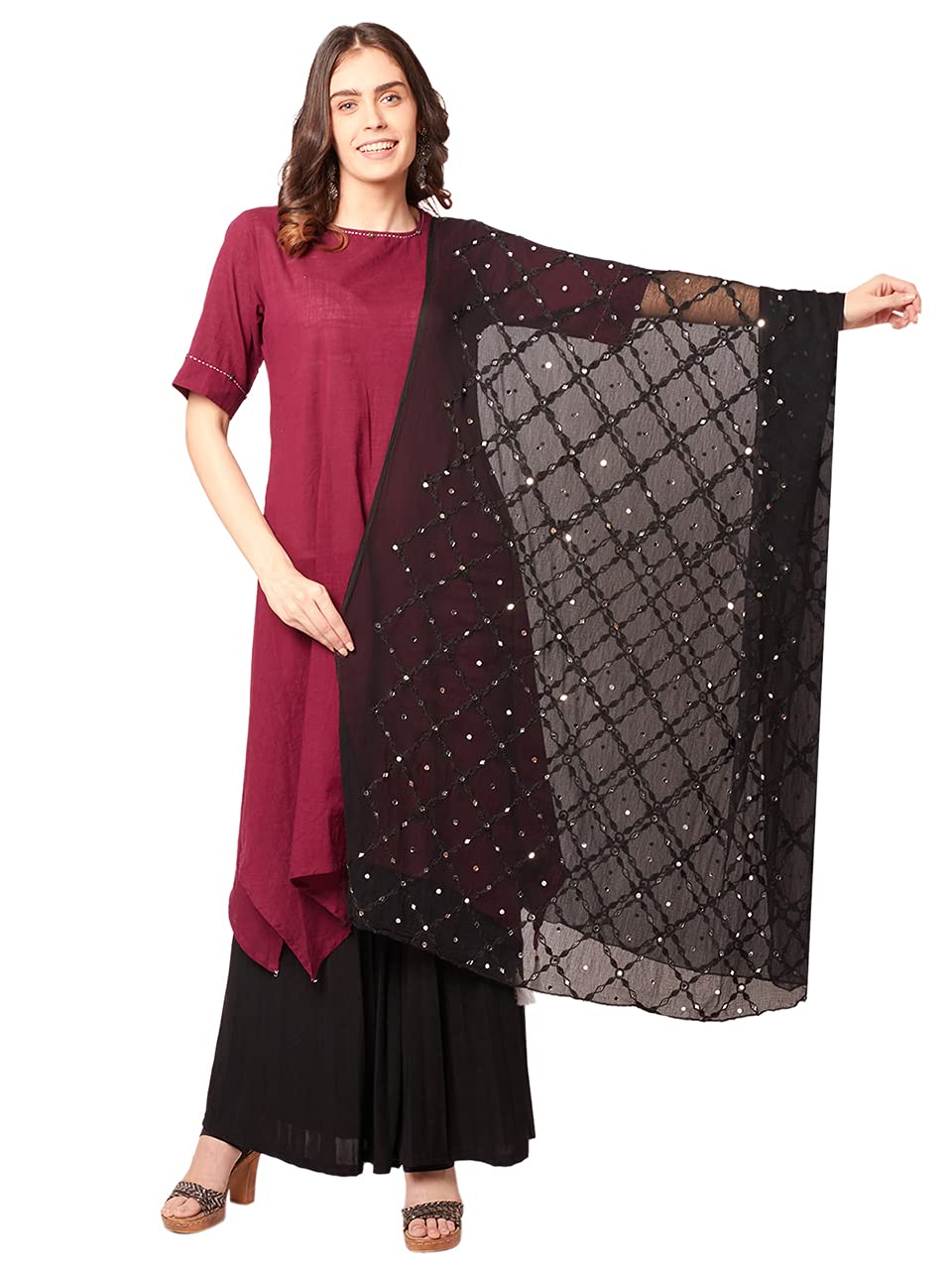 Elegant Black Embroidered Chiffon Dupatta with Mirror Work for Women | Perfect for Weddings, Parties & Festive Occasions | DUPATTA BAZAAR