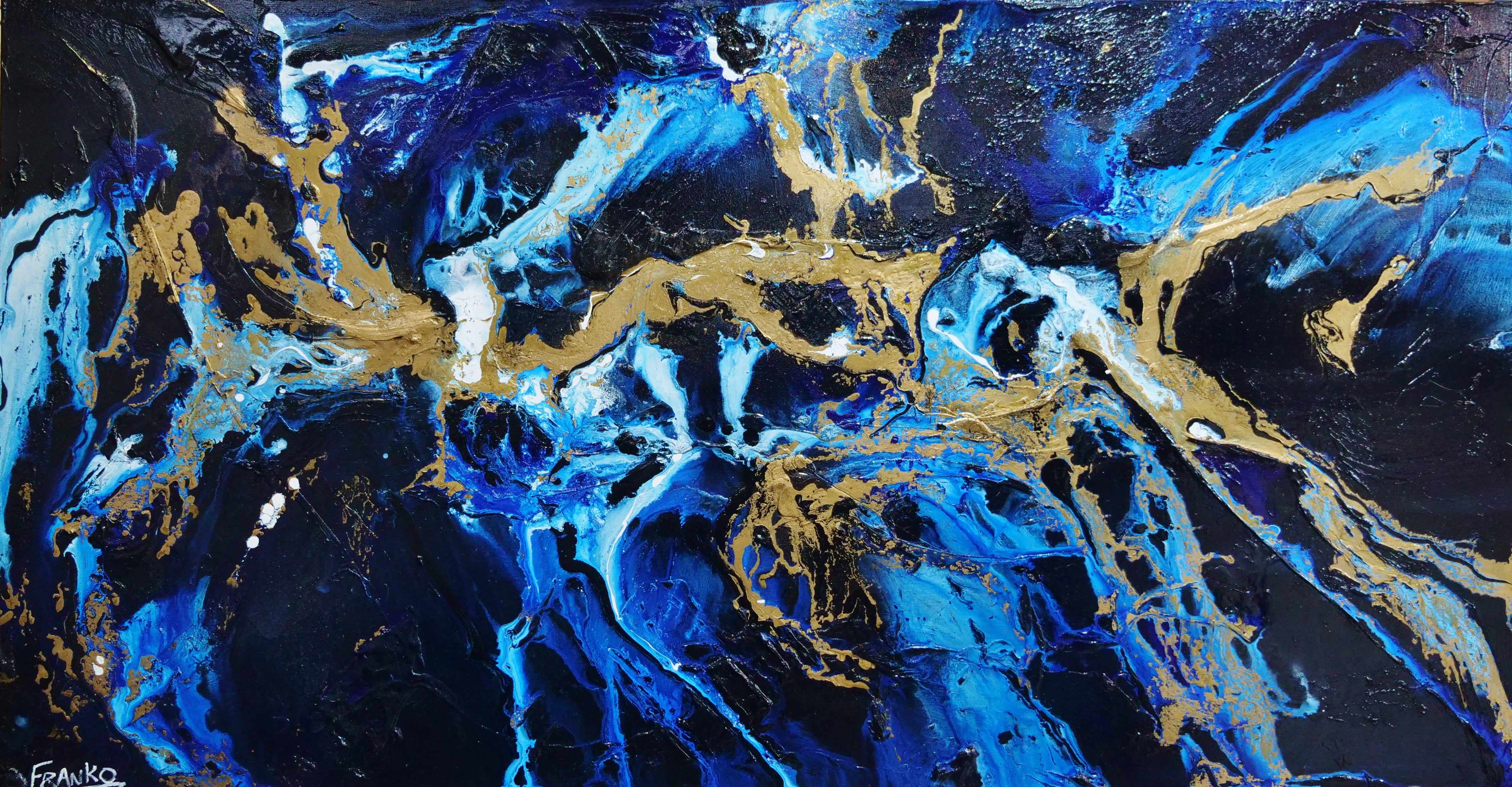 Midnight Gold Rush 190cm x 100cm Blue Gold Textured Abstract Canvas Art - Modern Wall Decor for Living Room, Bedroom & Office