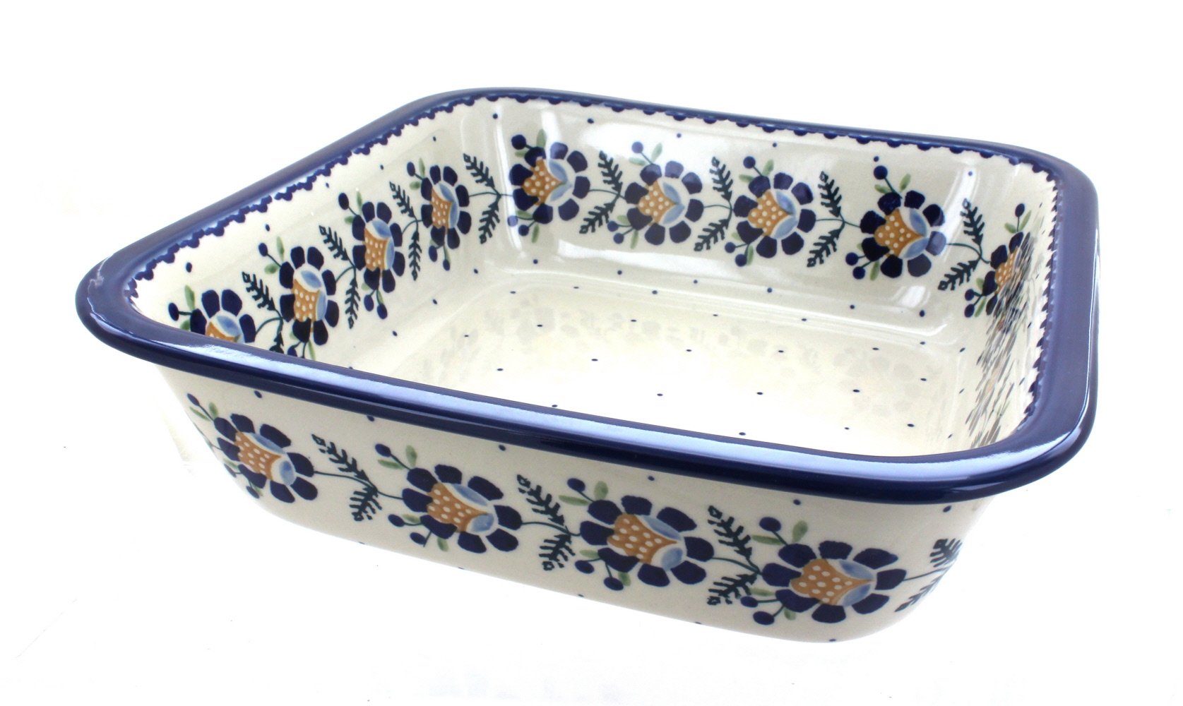 Handmade Blue Rose Polish Pottery Sunflower Large Square Baker - Vintage Ceramic Baking Dish for Casseroles, Bread & Desserts - Perfect for Holiday Dinners & Rustic Kitchen Decor