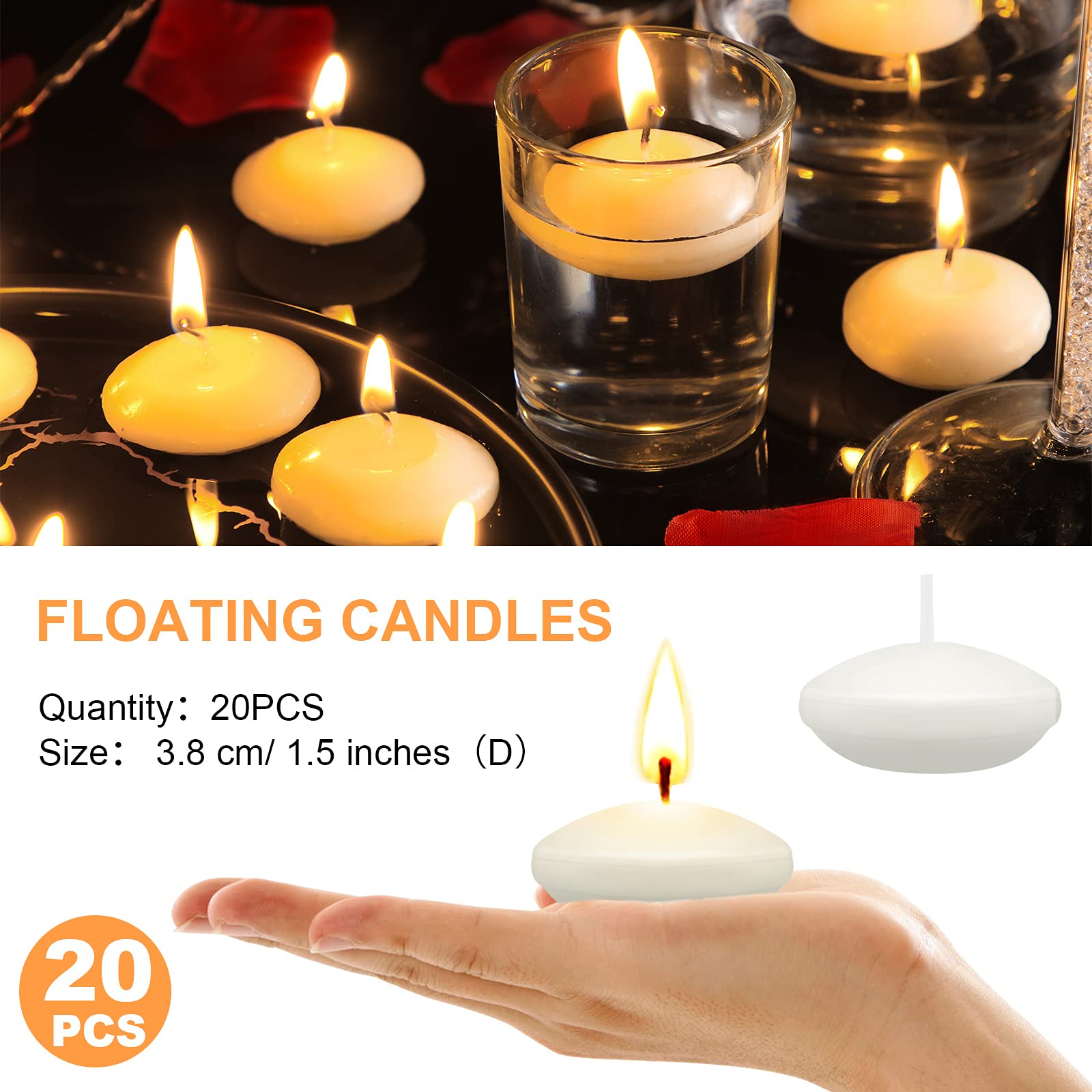 20 White Floating Candles for Weddings & Pools – 1.5