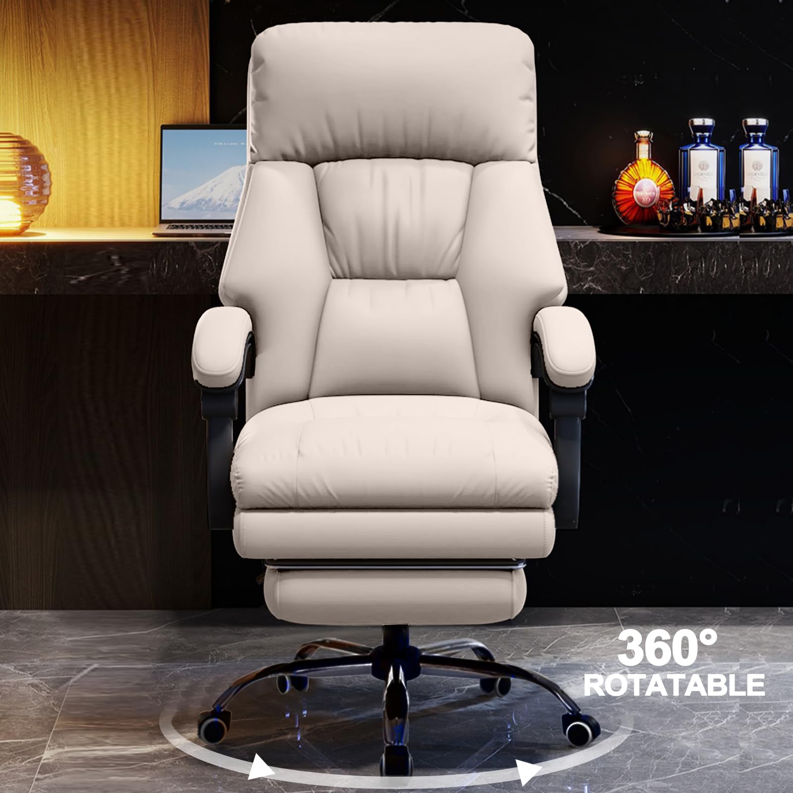 Ergonomic Executive Office Chair with Adjustable Footrest - High Back PU Leather Computer Gaming Chair for Home & Office - Big & Tall Desk Chair in Greige - Perfect for Long Work Hours & Gaming Sessions