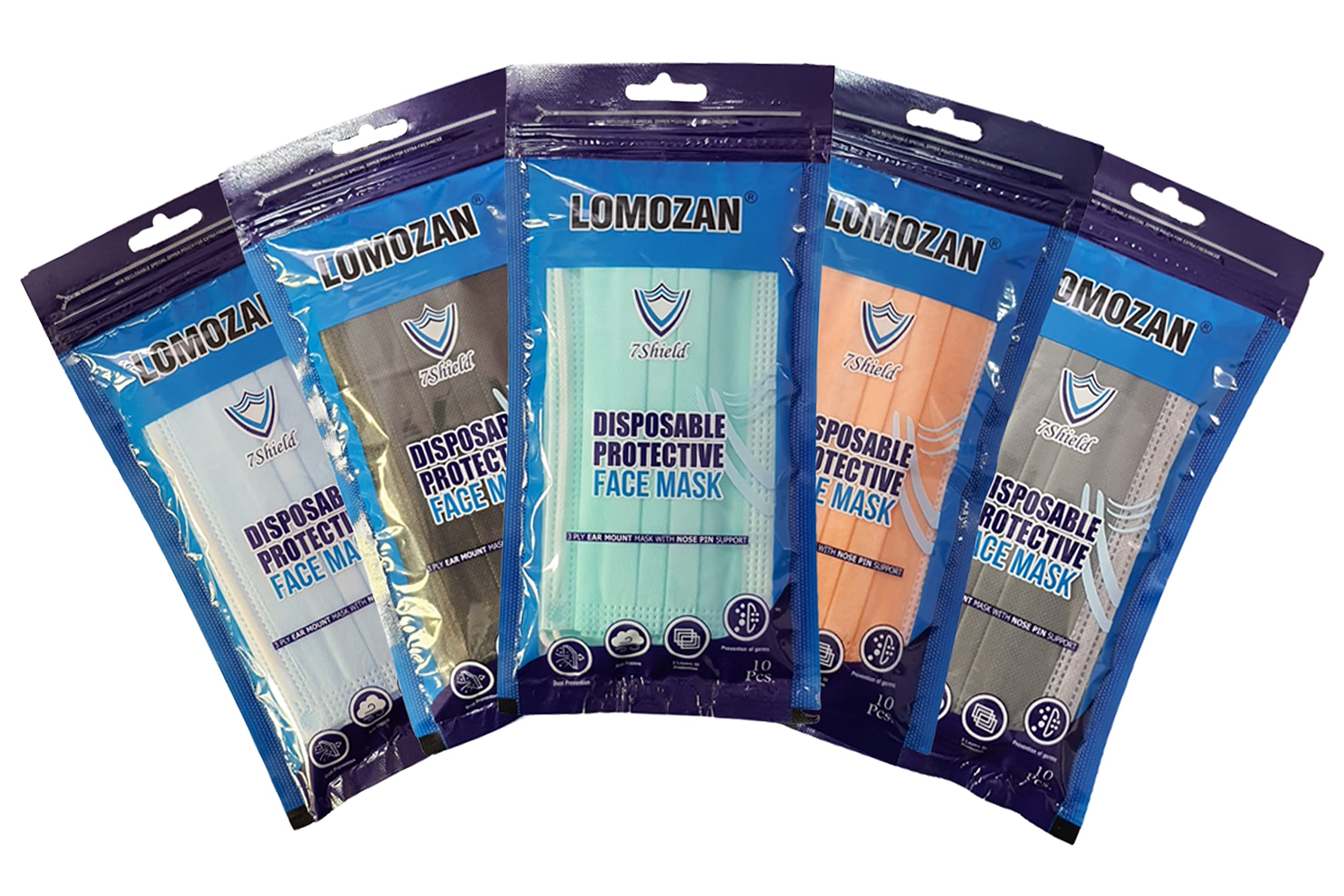 7Shield CE & ISO Certified Disposable Face Mask with Nose Clip & Soft Ear Loops - 10-Pack Water Resistant Surgical Masks (Multicolor) - Ideal for Work, Travel & Daily Protection