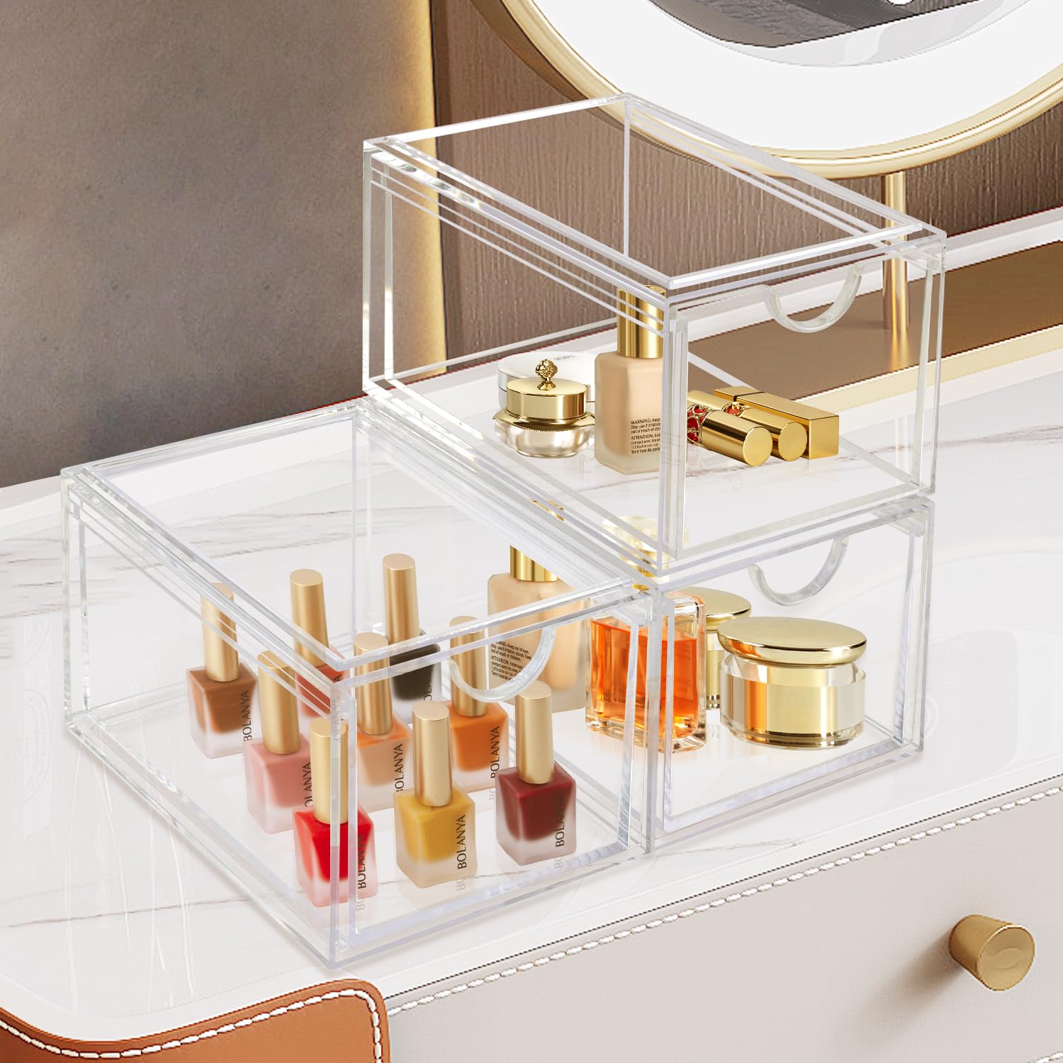 Stackable Acrylic Makeup Organizer Drawers - 2-Piece Set for Cosmetics, Bathroom Counter, or Dresser | Clear Storage for Vanity & Beauty Products