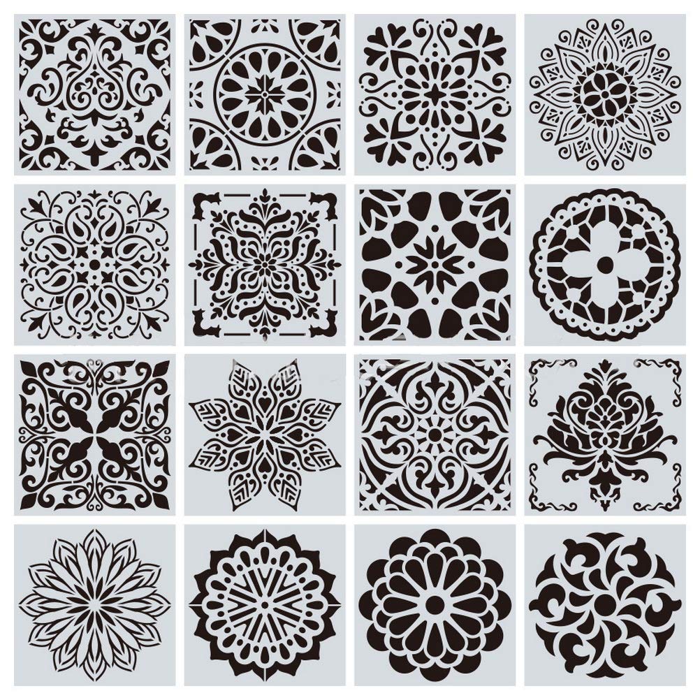 16-Piece Reusable Mandala Stencils Set (6x6 Inch) - Dot Painting Templates for DIY Art, Scrapbooking & Wall Decor - Perfect for Canvas, Wood, Fabric & Home Decoration Projects