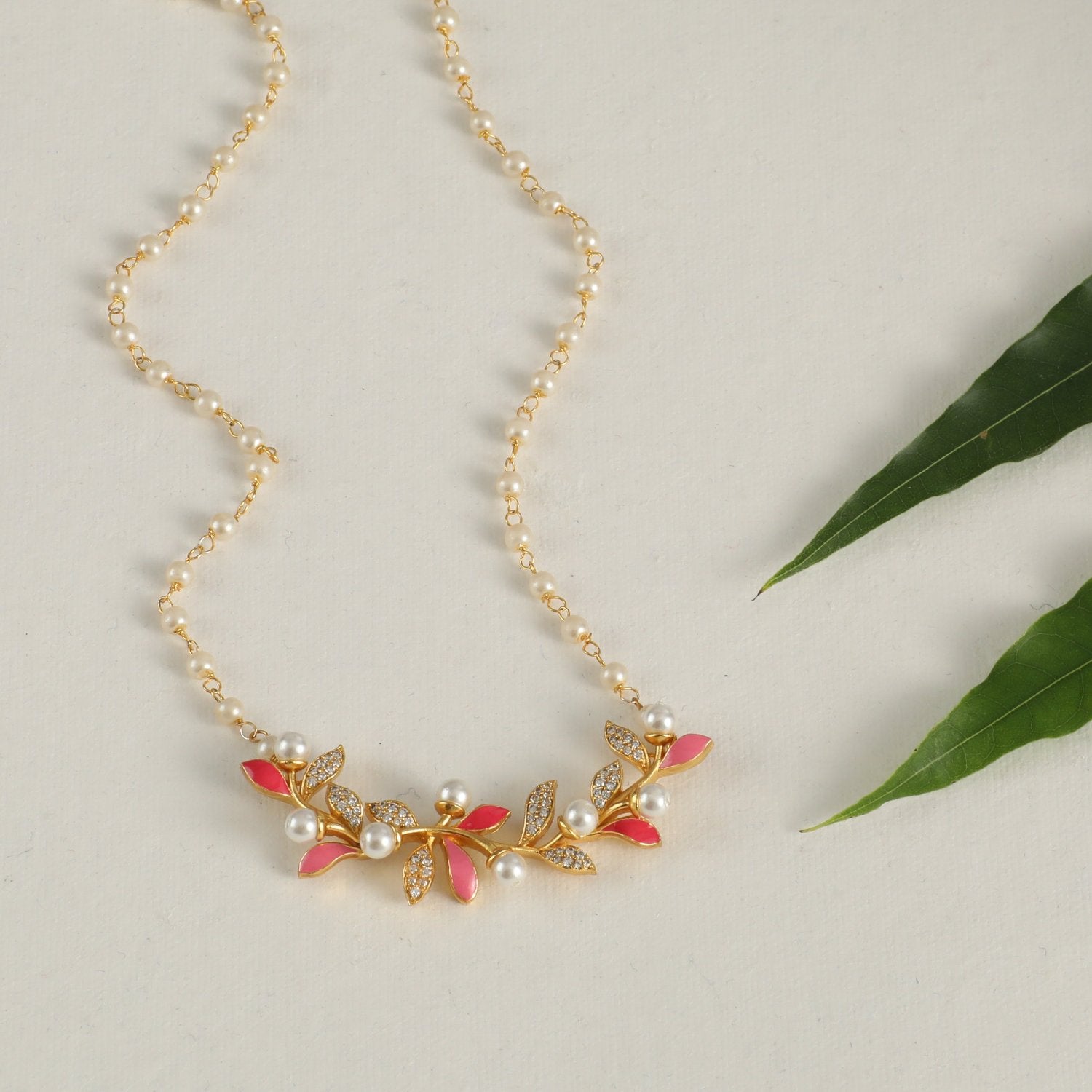 Elegant Pink CZ Leaf Pearl Necklace for Women - Perfect for Weddings, Parties & Special Occasions