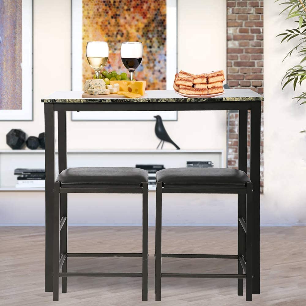 3-Piece Dining Set - Small Space Kitchen Table & 2 PU Leather Stools with MDF Top | Compact Bar Height Dining Table for Apartments, Breakfast Nooks & Small Kitchens | Space-Saving Kitchen Furniture for 2