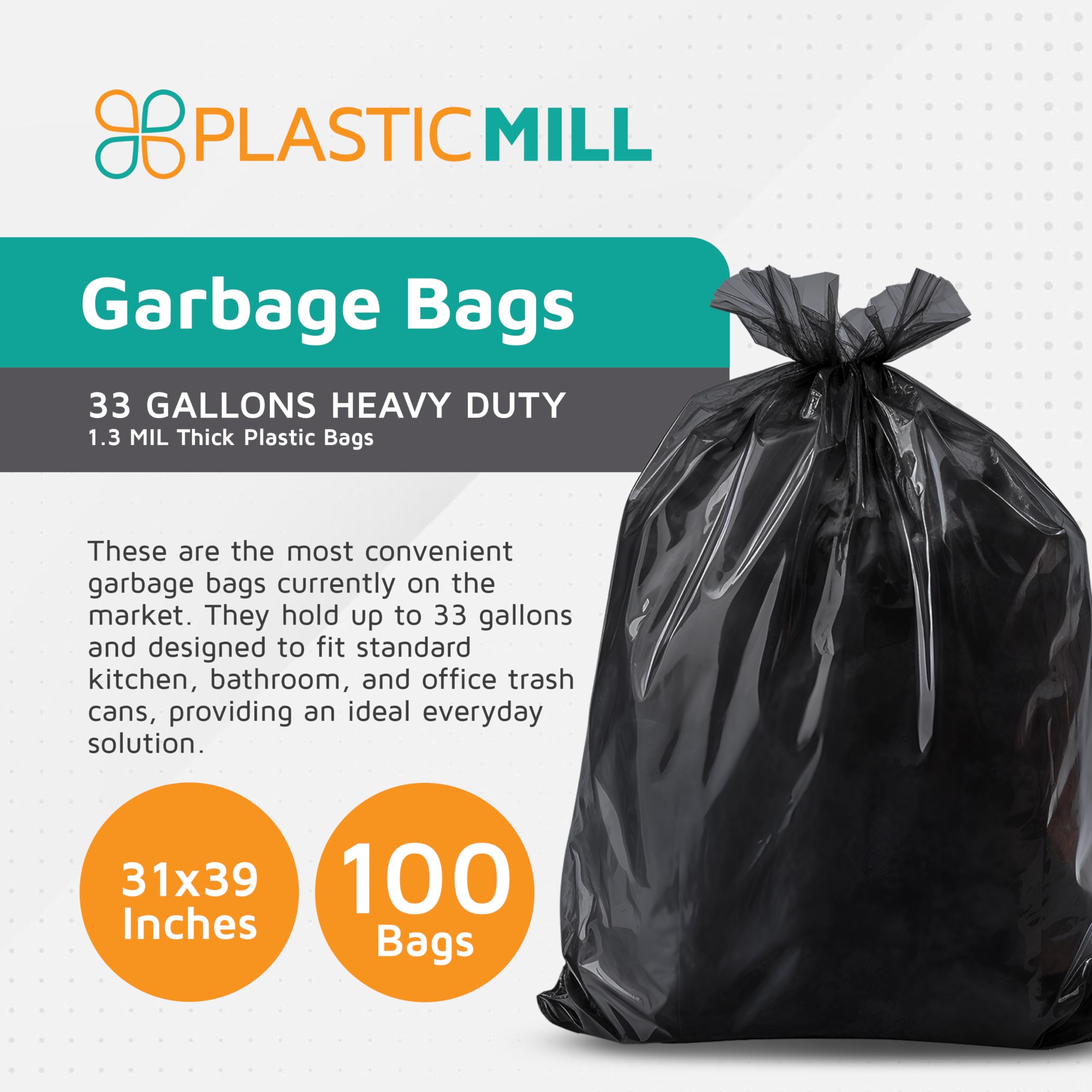 Heavy Duty 33-Gallon Trash Bags - 1.3 Mil Thick Black Garbage Bags for Kitchen, Office & Outdoor Use - 33
